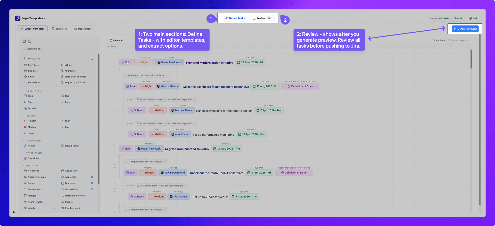 Editor layout with annotated areas: data pills sidebar, task rows, and bulk actions toolbar