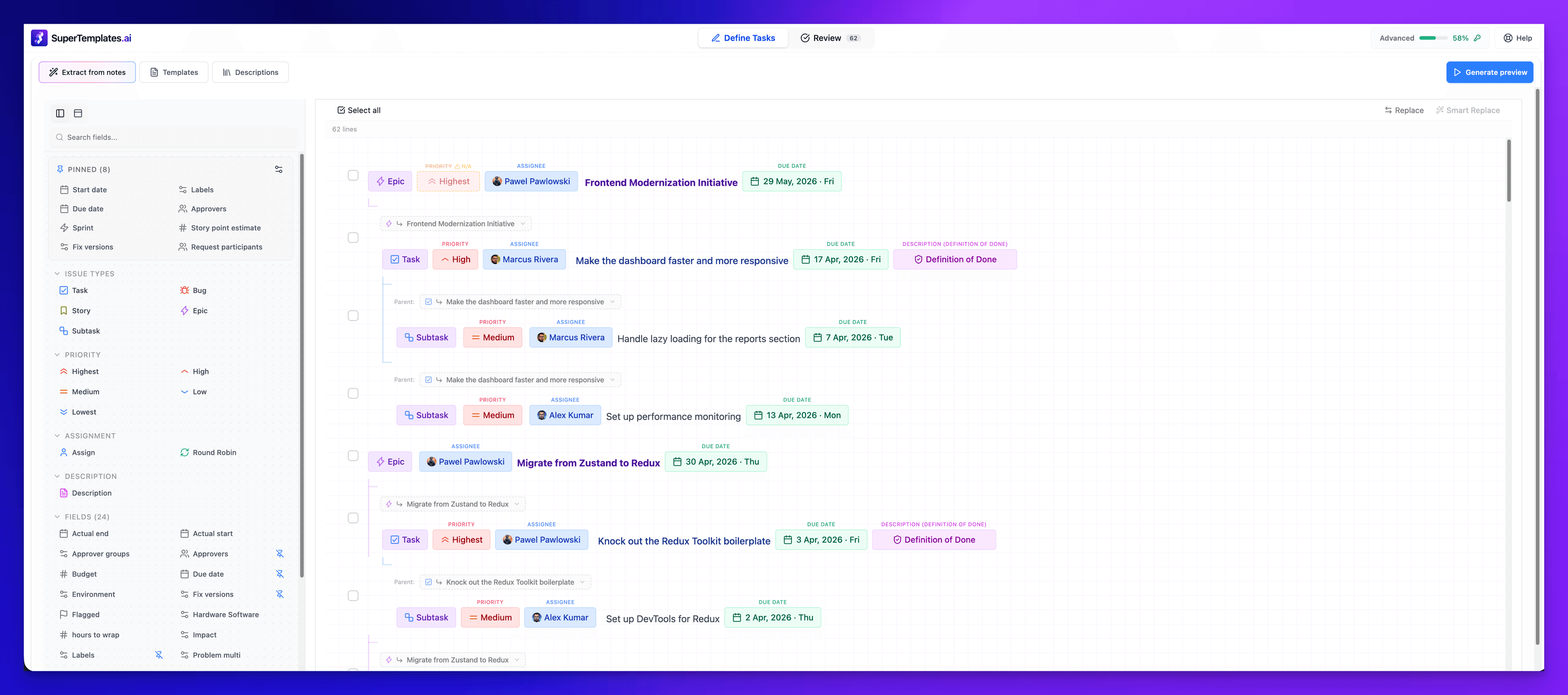 SuperTemplates editor showing full task hierarchy