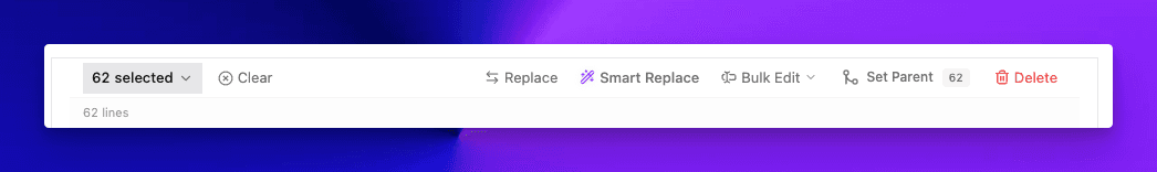 Bulk actions toolbar showing replace, smart replace, bulk edit, set parent, and delete options