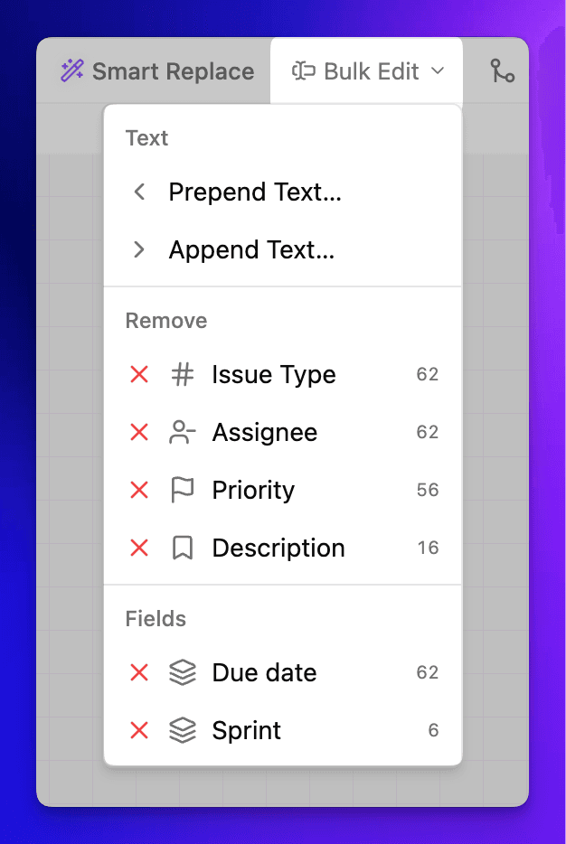 Bulk Edit dropdown with Prepend Text, Append Text, and Remove options