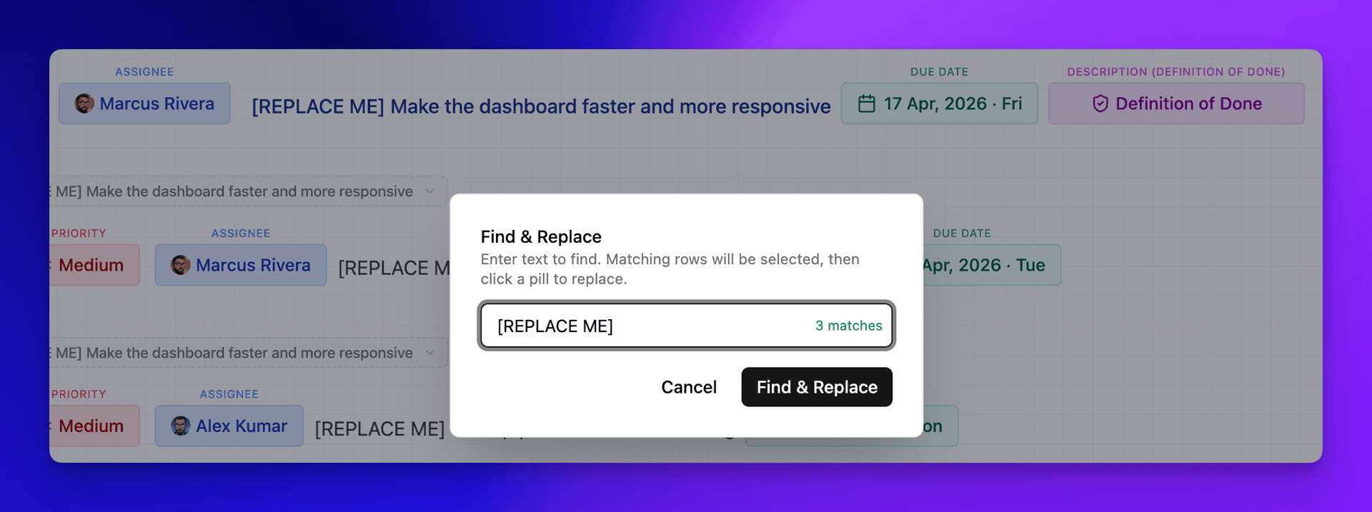 Find & Replace dialog showing text matches ready to replace with a structured Jira pill