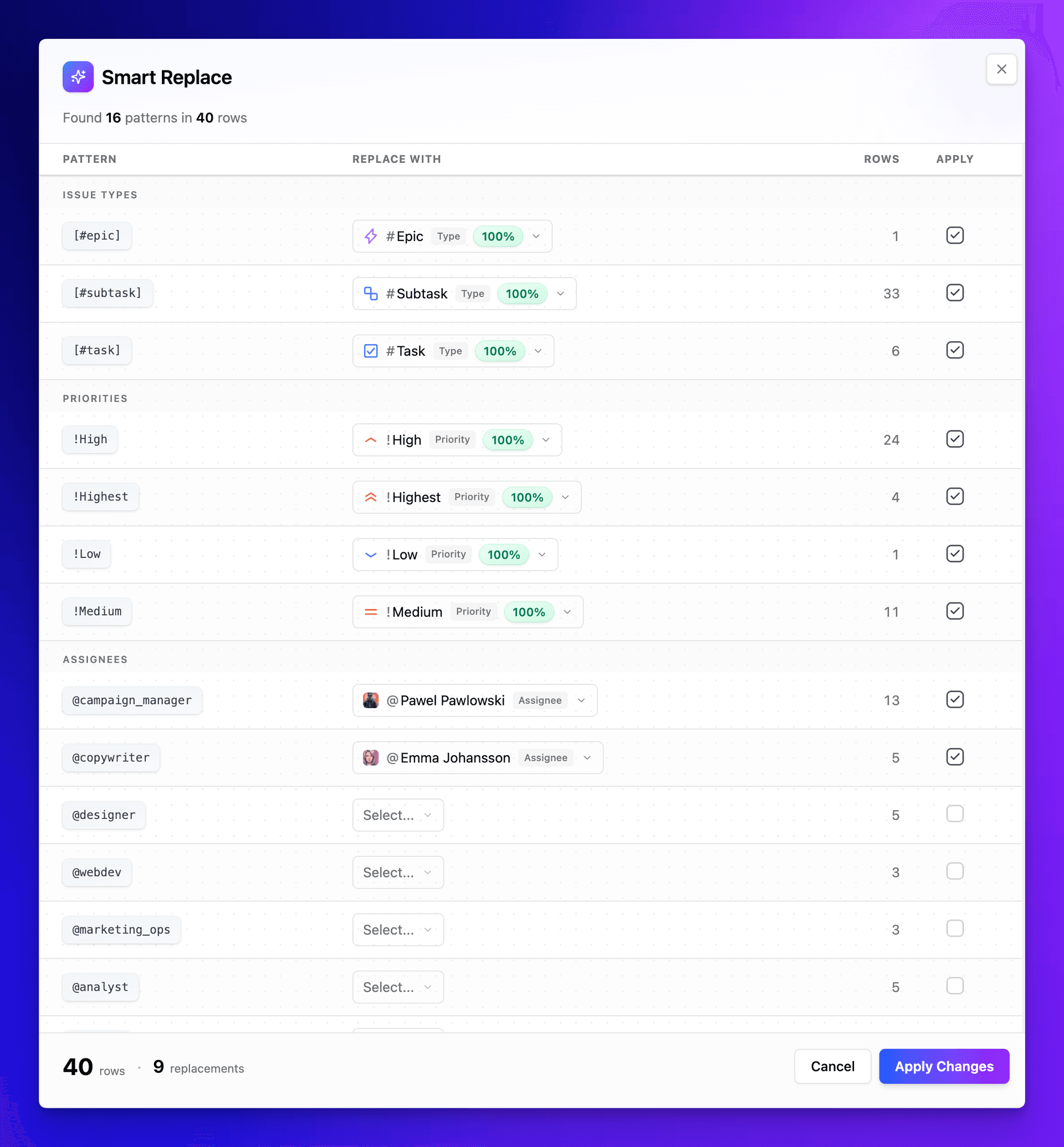 Smart Replace mapping patterns to issue types, priorities, and assignees
