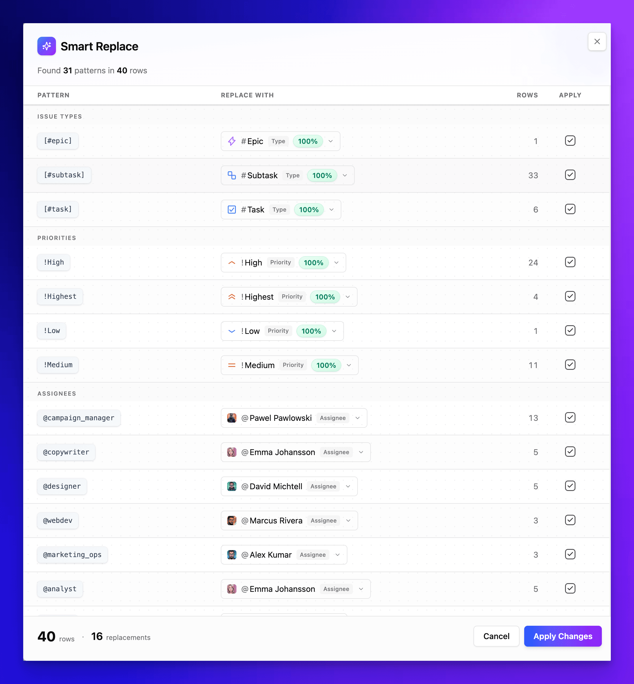 Smart Replace modal showing 31 detected patterns across 40 rows