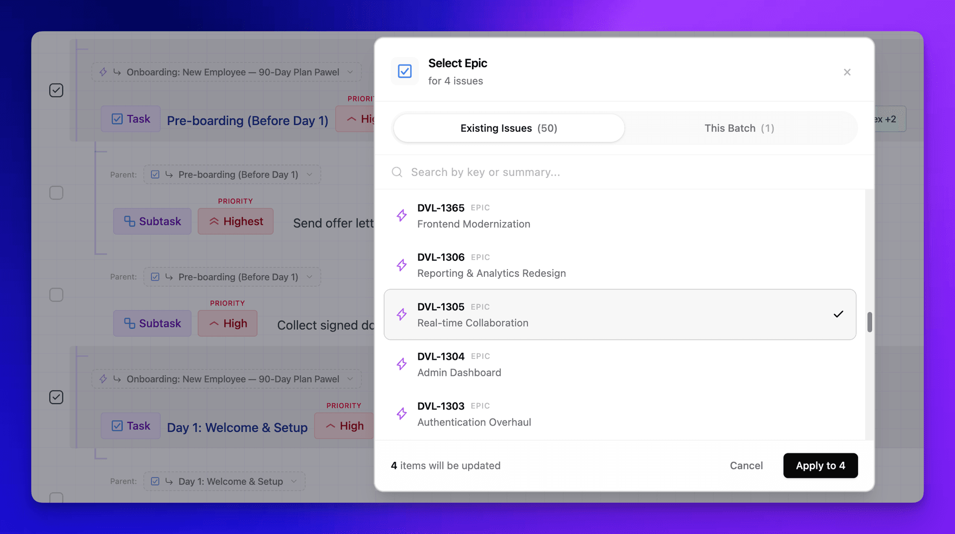 Select Epic dialog showing existing issues to assign as parent — search by key or summary, apply to multiple tasks at once