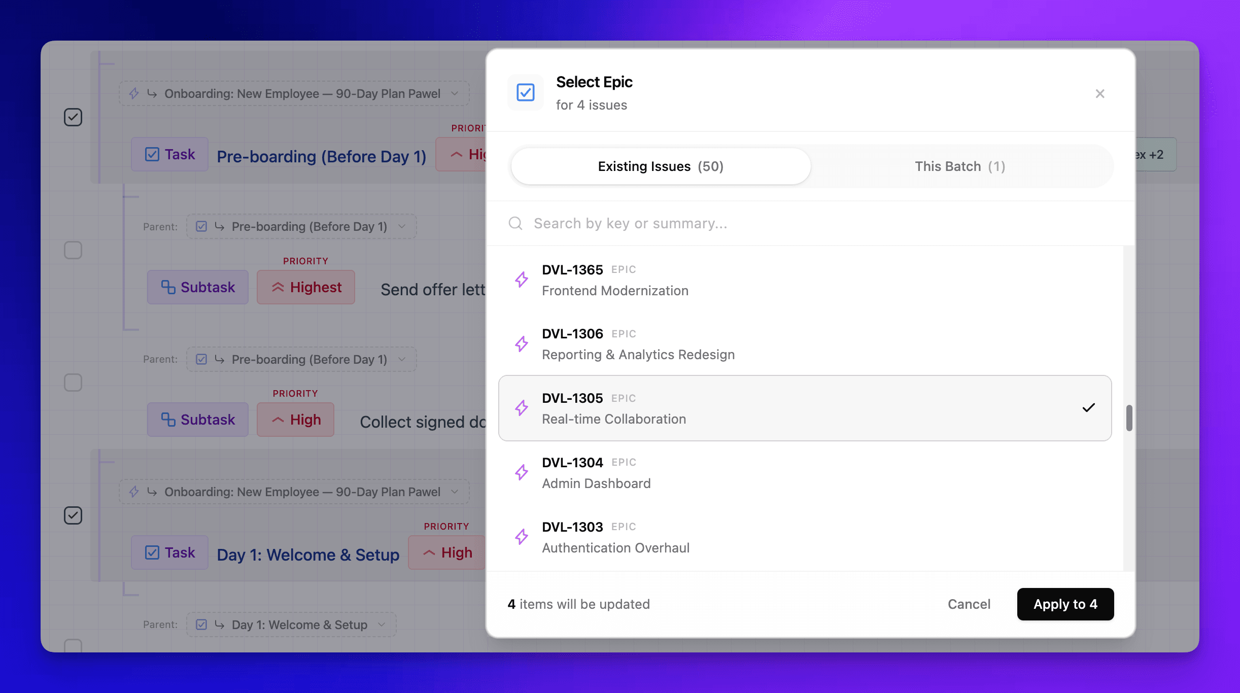 Assigning bulk-created subtasks under an existing Jira parent issue