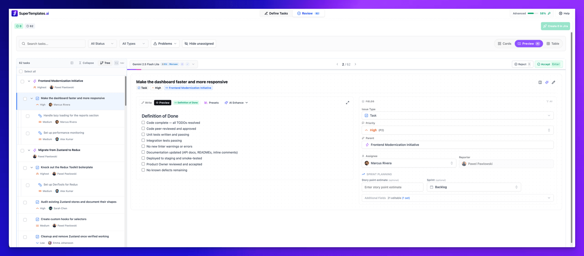 Review mode showing task tree with card preview, description, and Jira fields in the detail panel