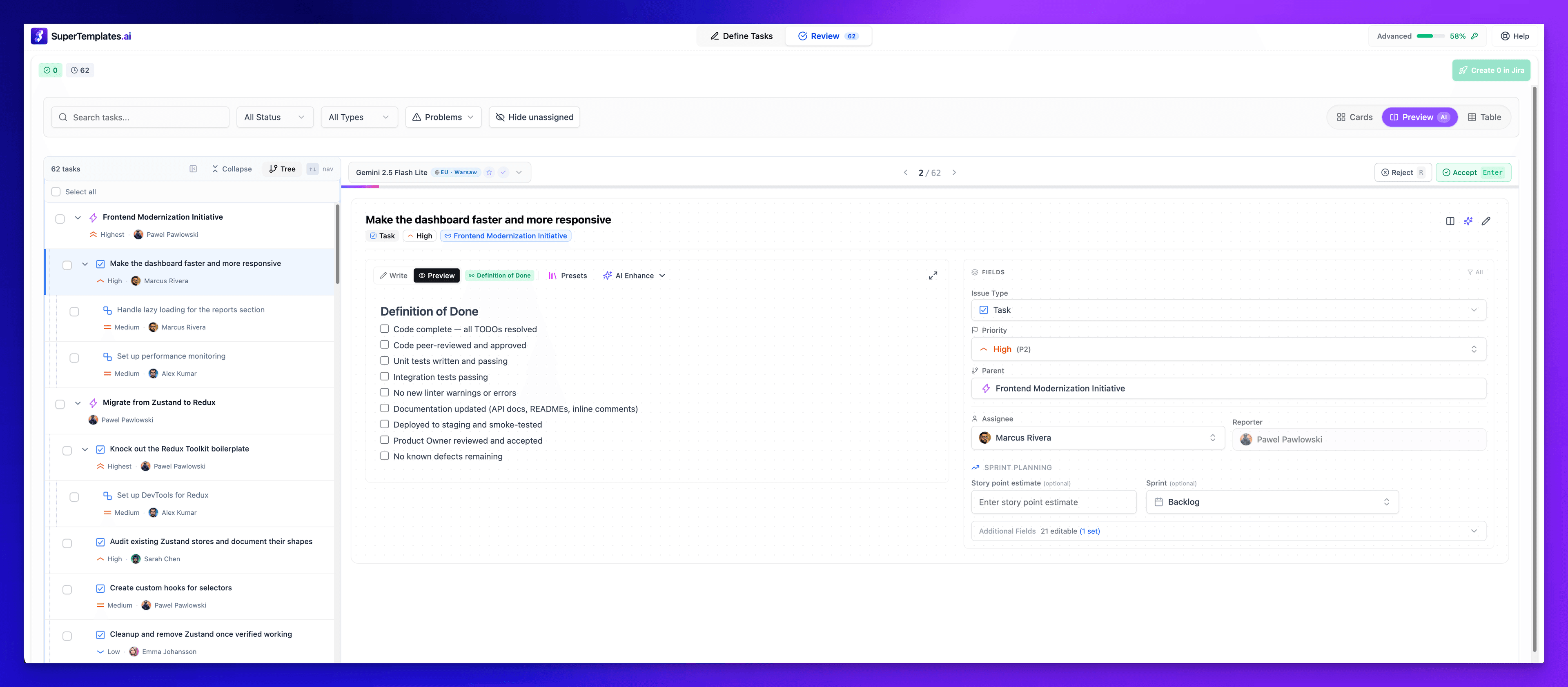 Review mode showing task preview with Definition of Done checklist and field details
