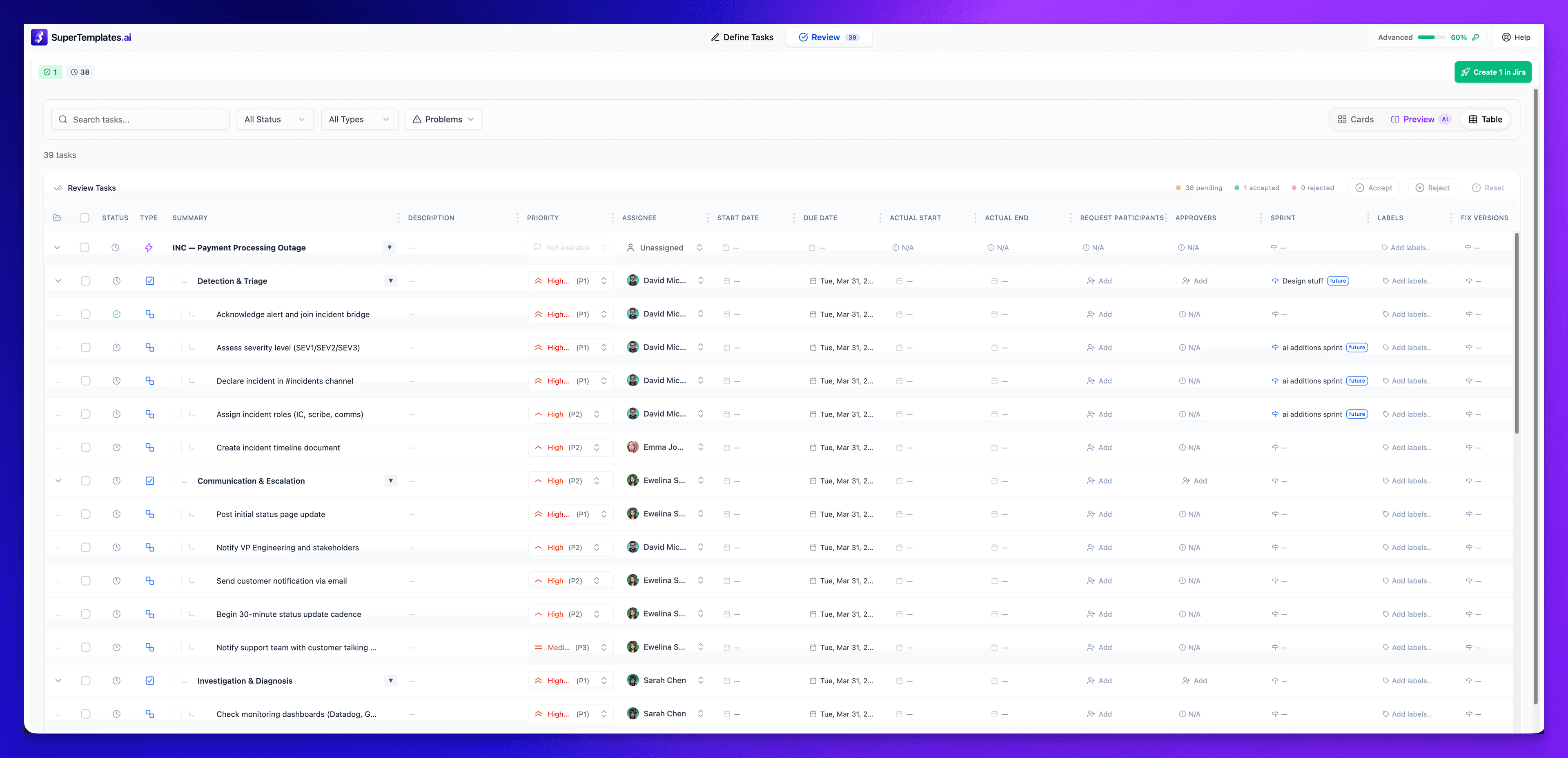 Review table showing all tasks before pushing to Jira
