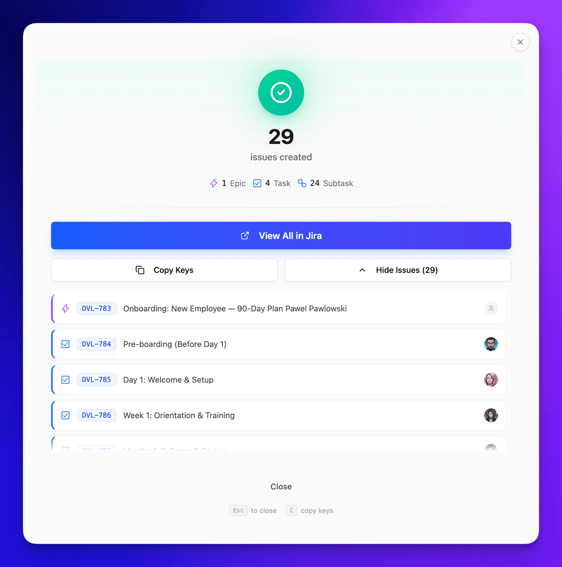 Post-creation modal showing 29 issues created with expandable list of issue keys, titles, and assignees