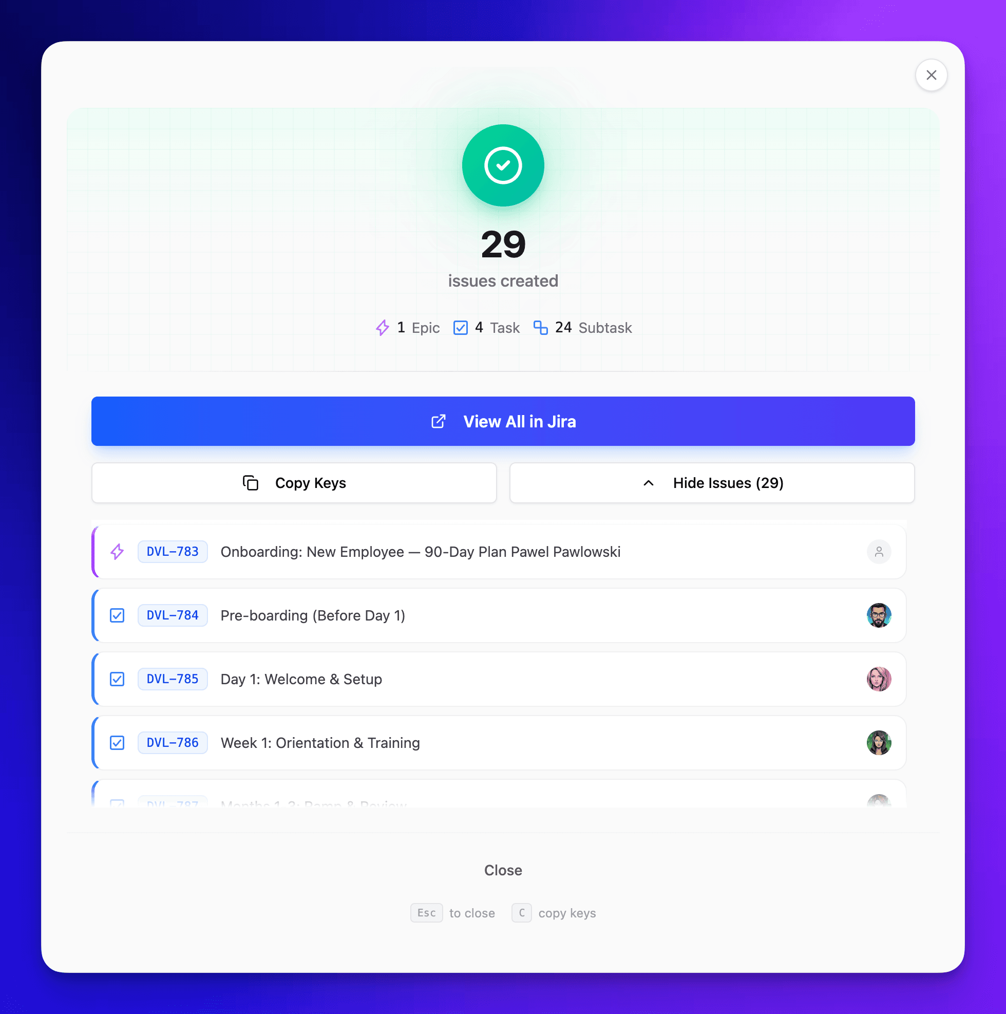 29 issues created in Jira with real issue keys and View All button