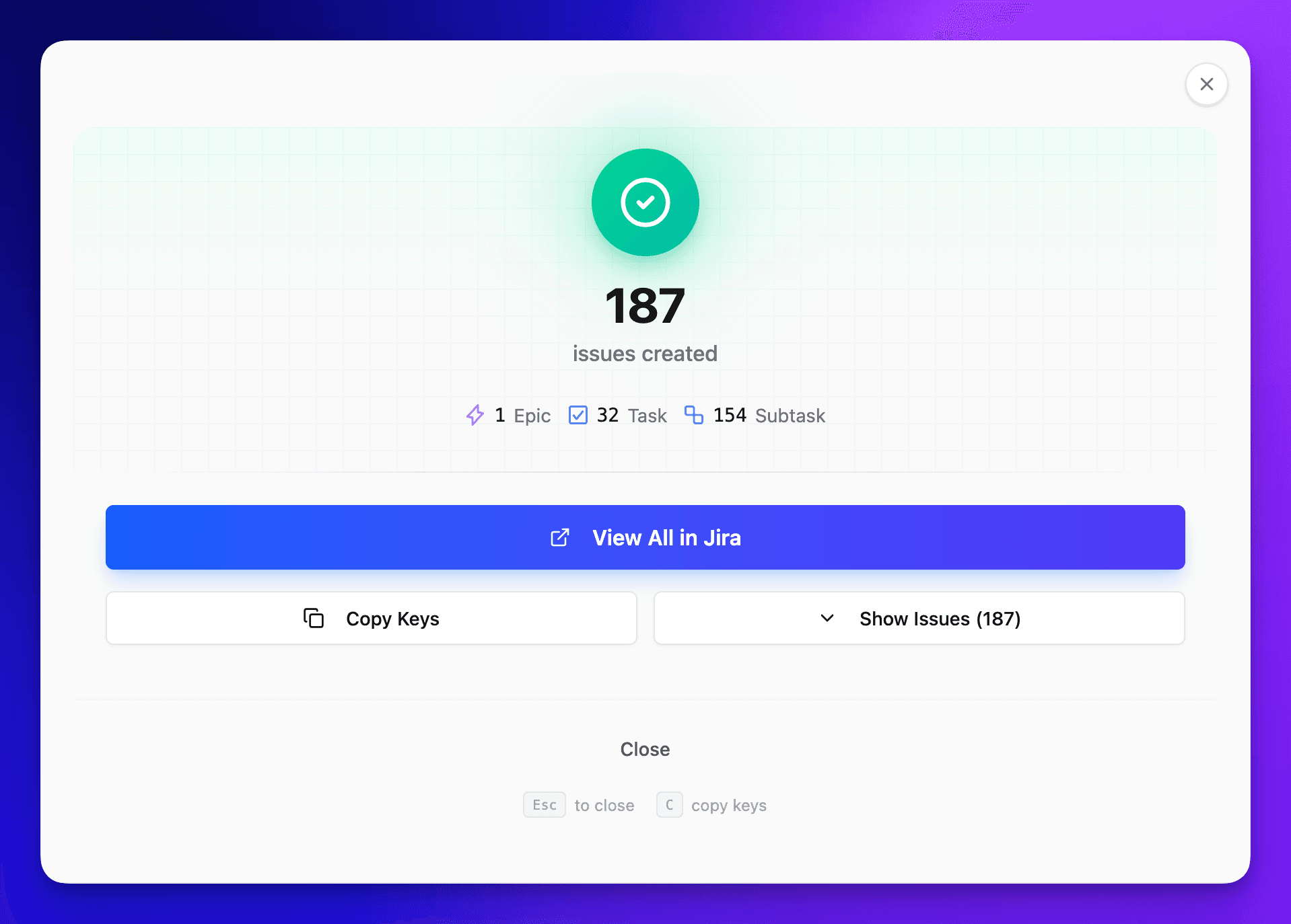 187 issues successfully created in Jira with View All button