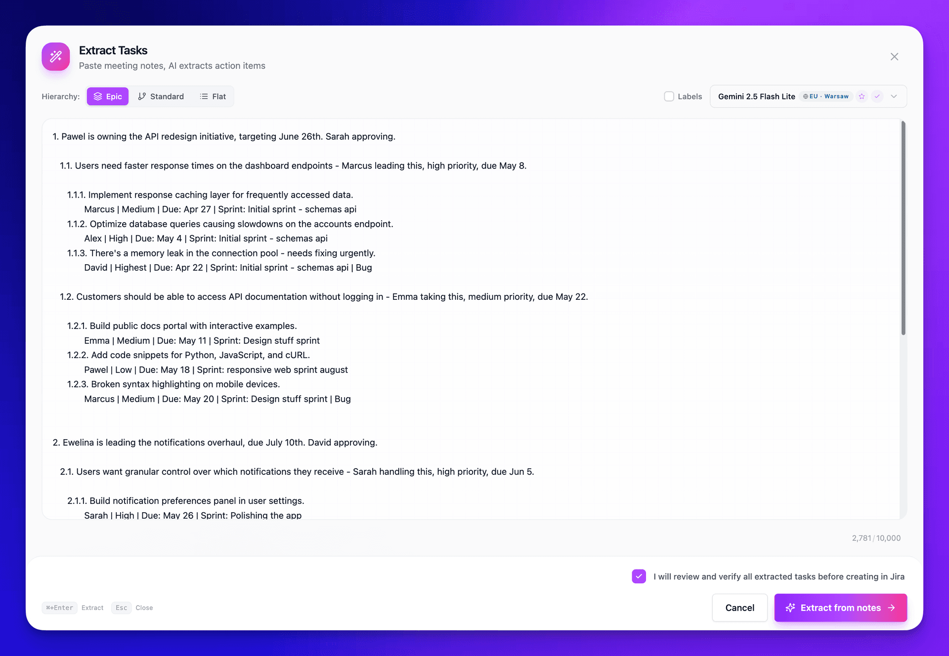 Extract Tasks modal showing numbered outline input with 1., 1.1., 1.1.1. hierarchy for precise task structuring