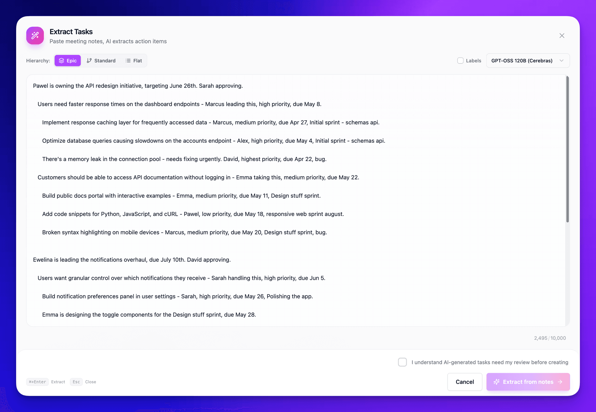 Extract Tasks modal showing indented text input with Epic, Task, and Subtask hierarchy levels