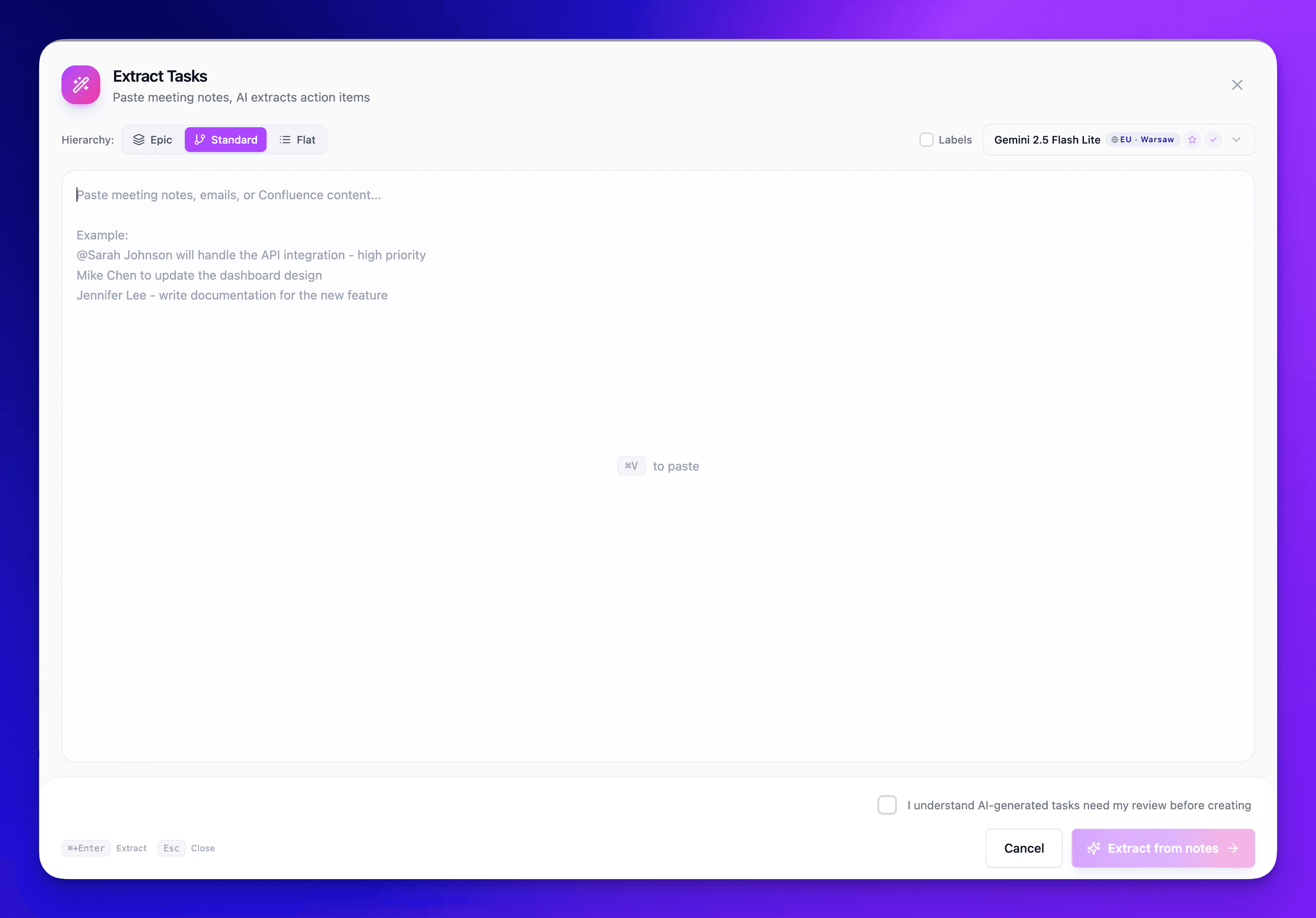 SuperTemplates extracting meeting notes into Smart Pills with assignees, priorities, and issue types