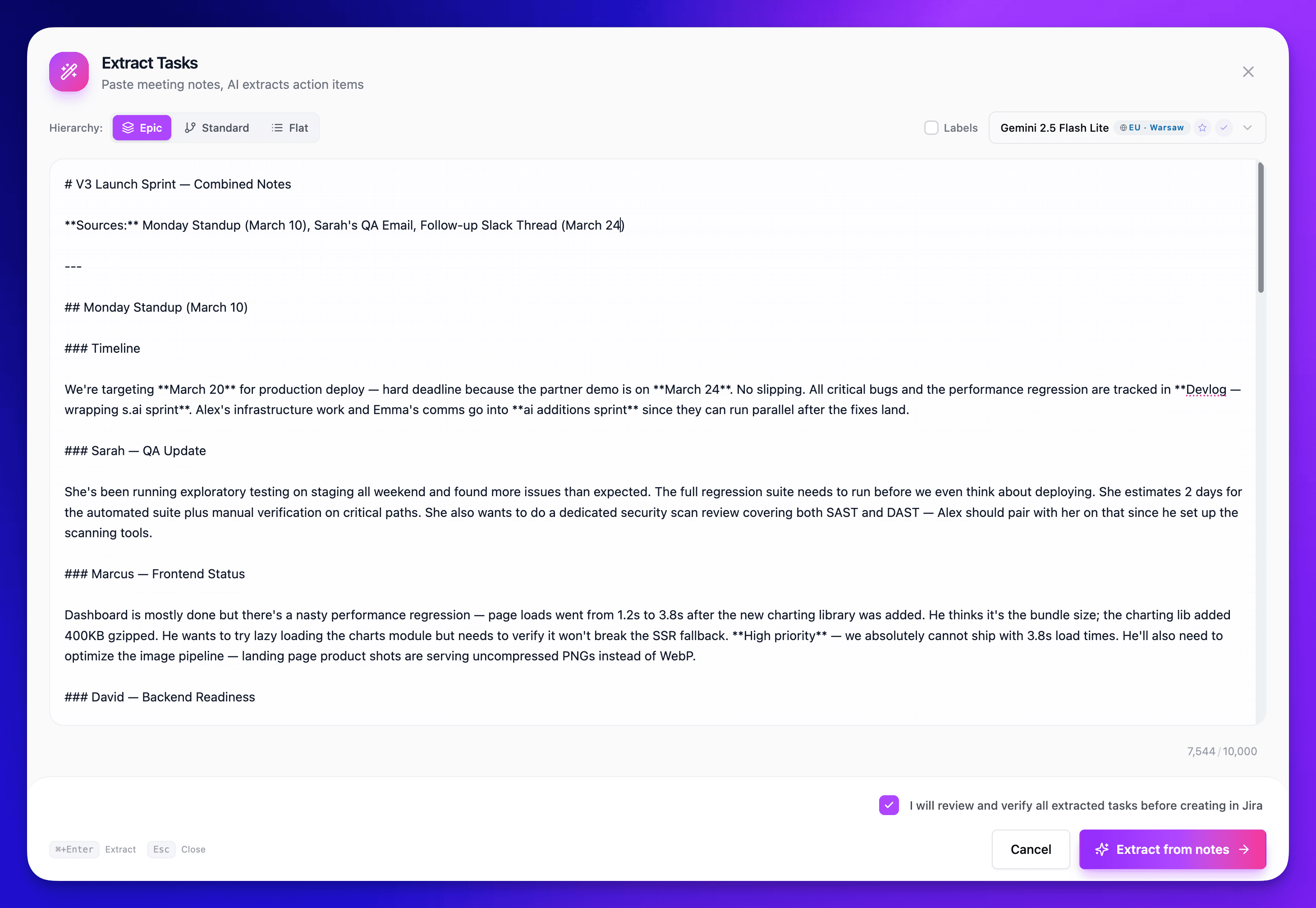 SuperTemplates paste modal for entering sprint goals and meeting notes