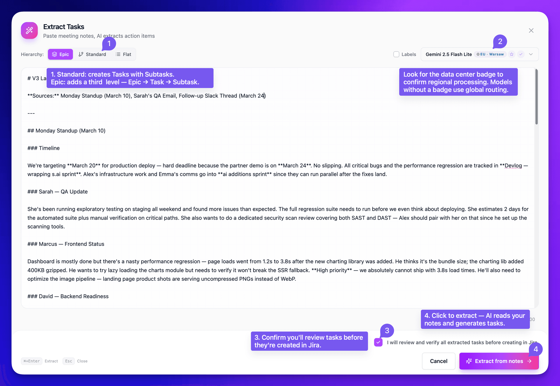 Extract Tasks modal showing empty state with example text and Gemini 2.5 Flash Lite model selector
