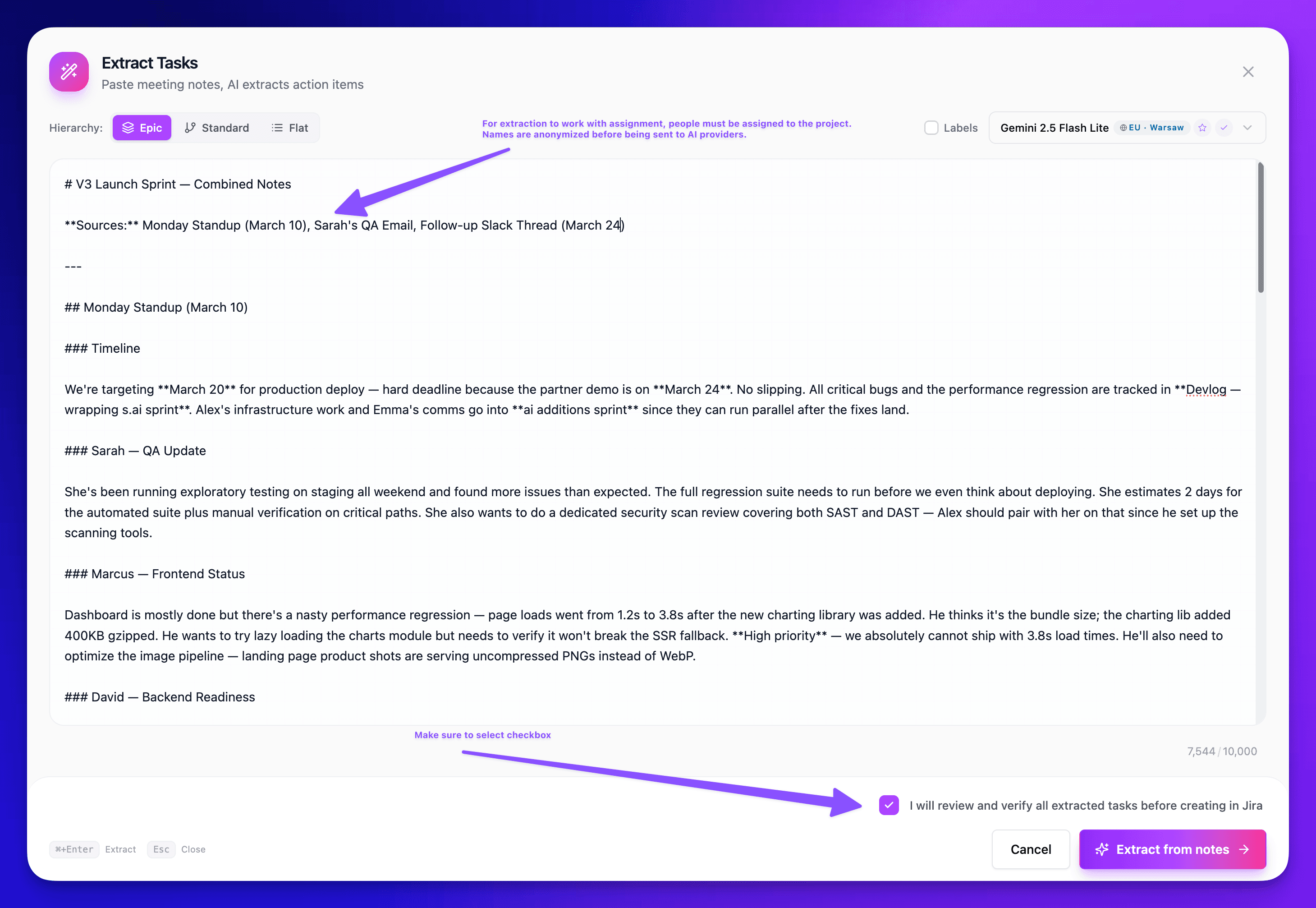 AI extracting action items from meeting notes with annotations