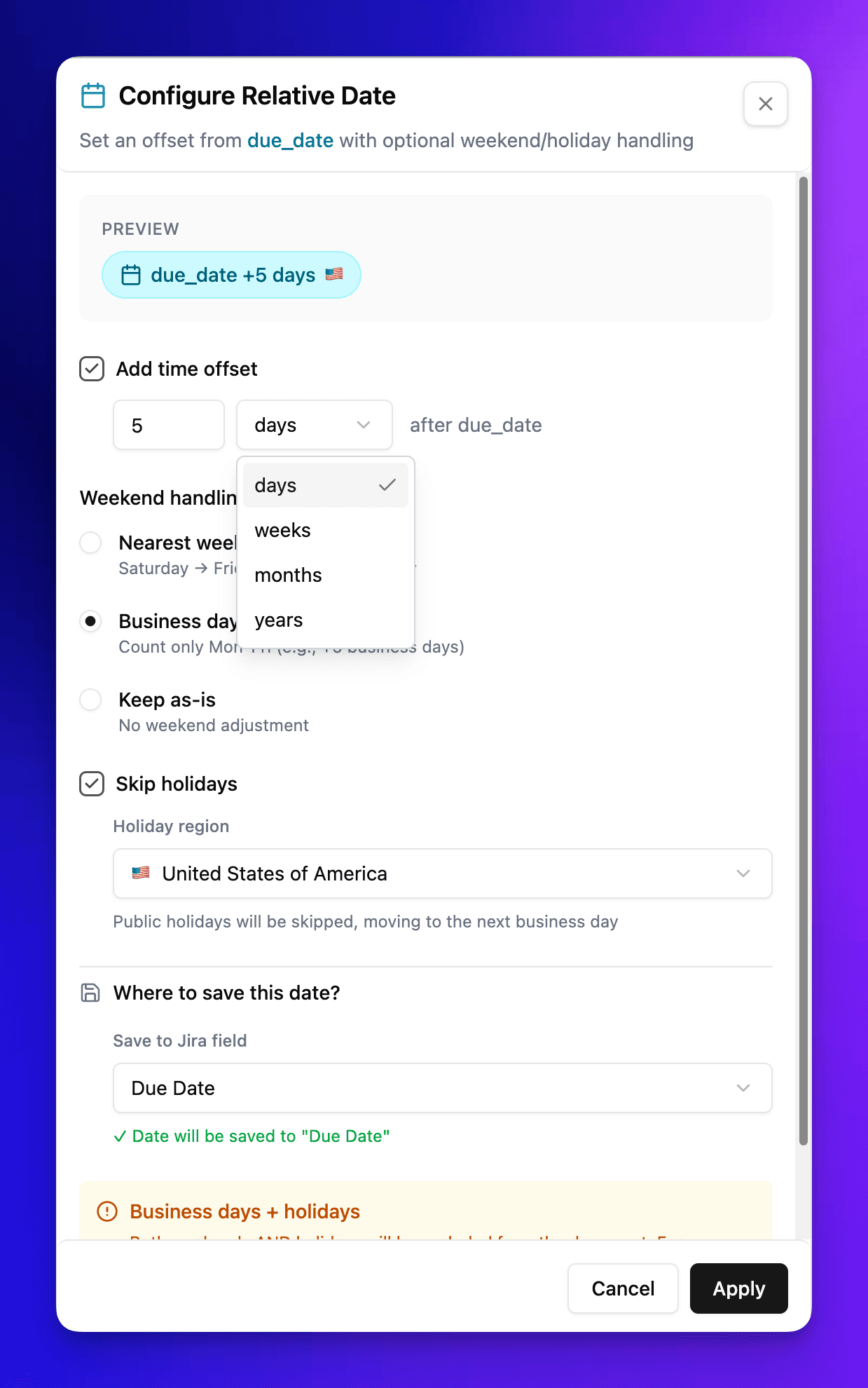 Configure Relative Date modal showing offset of 5 days, weekend handling options, holiday skipping with region selector, and field mapping to Due Date