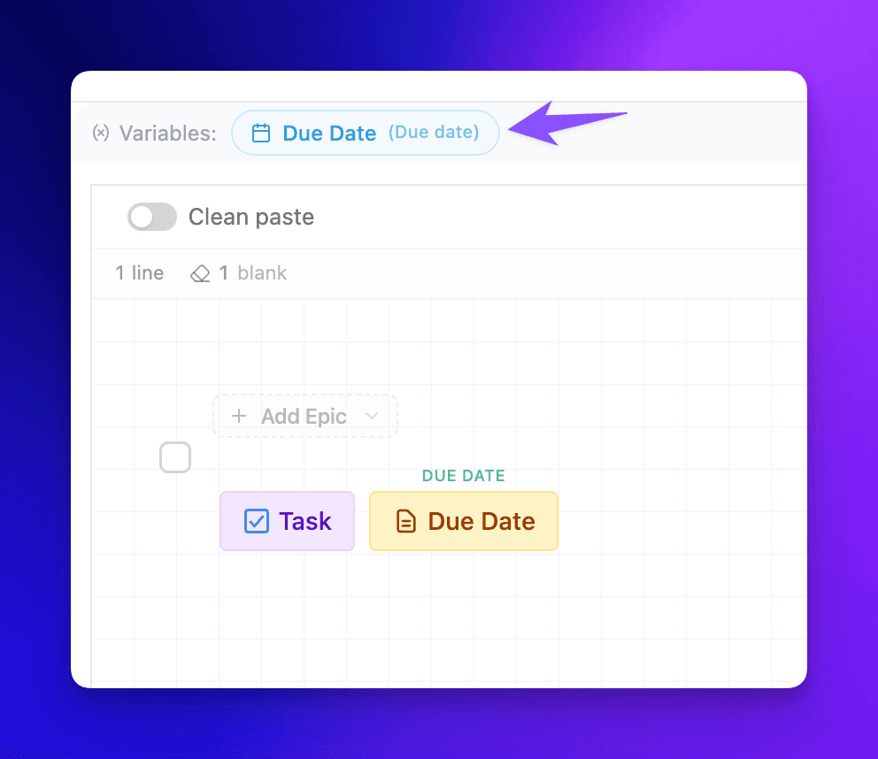 Variables bar showing a Due Date variable pill at the top of the editor, with Task and Due Date field pills on a task row