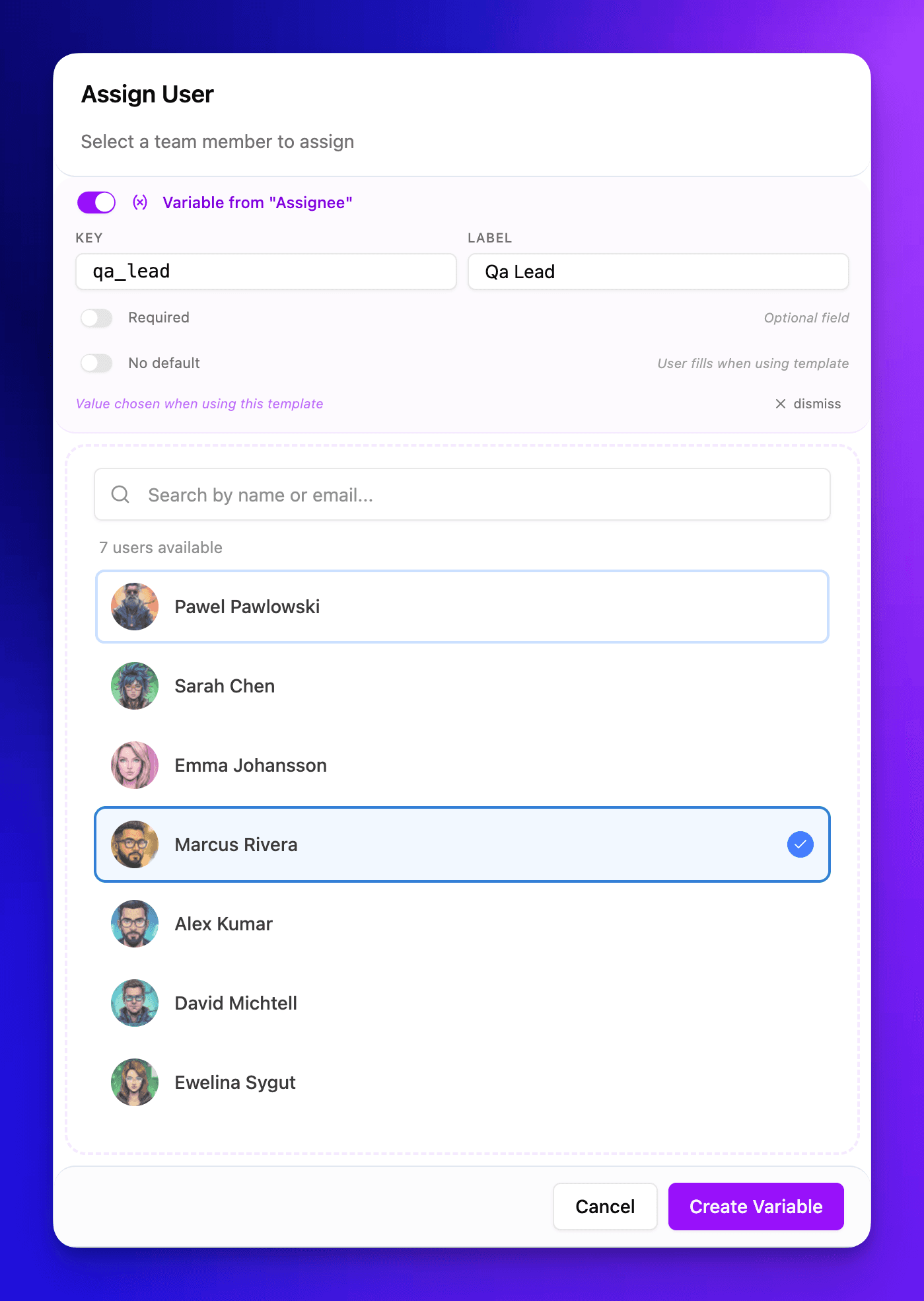Assign User modal showing a qa_lead variable created from the Assignee field, with Marcus Rivera selected as default from 7 available team members