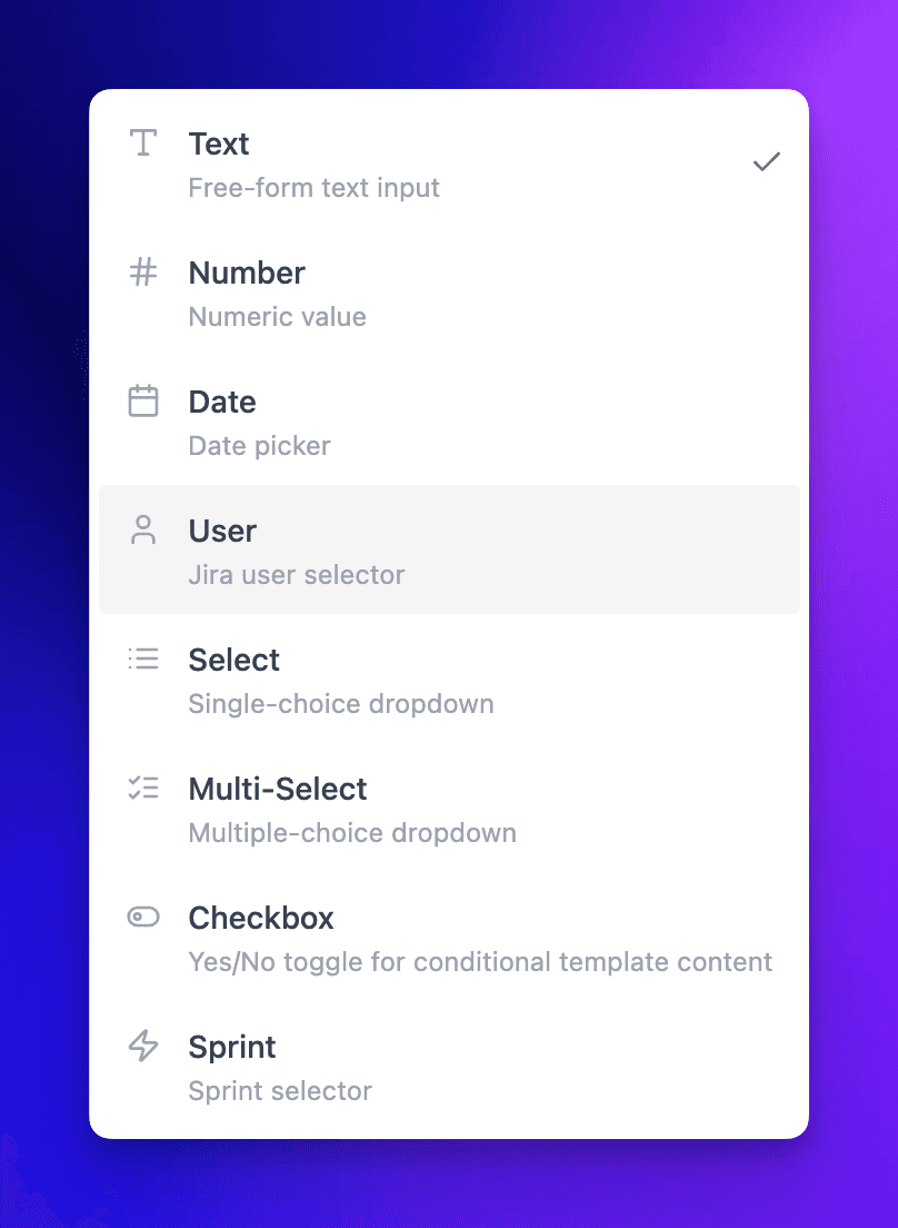 Variable type picker showing supported types: Text, Number, Date, User, Select, Multi-Select, Checkbox, and Sprint