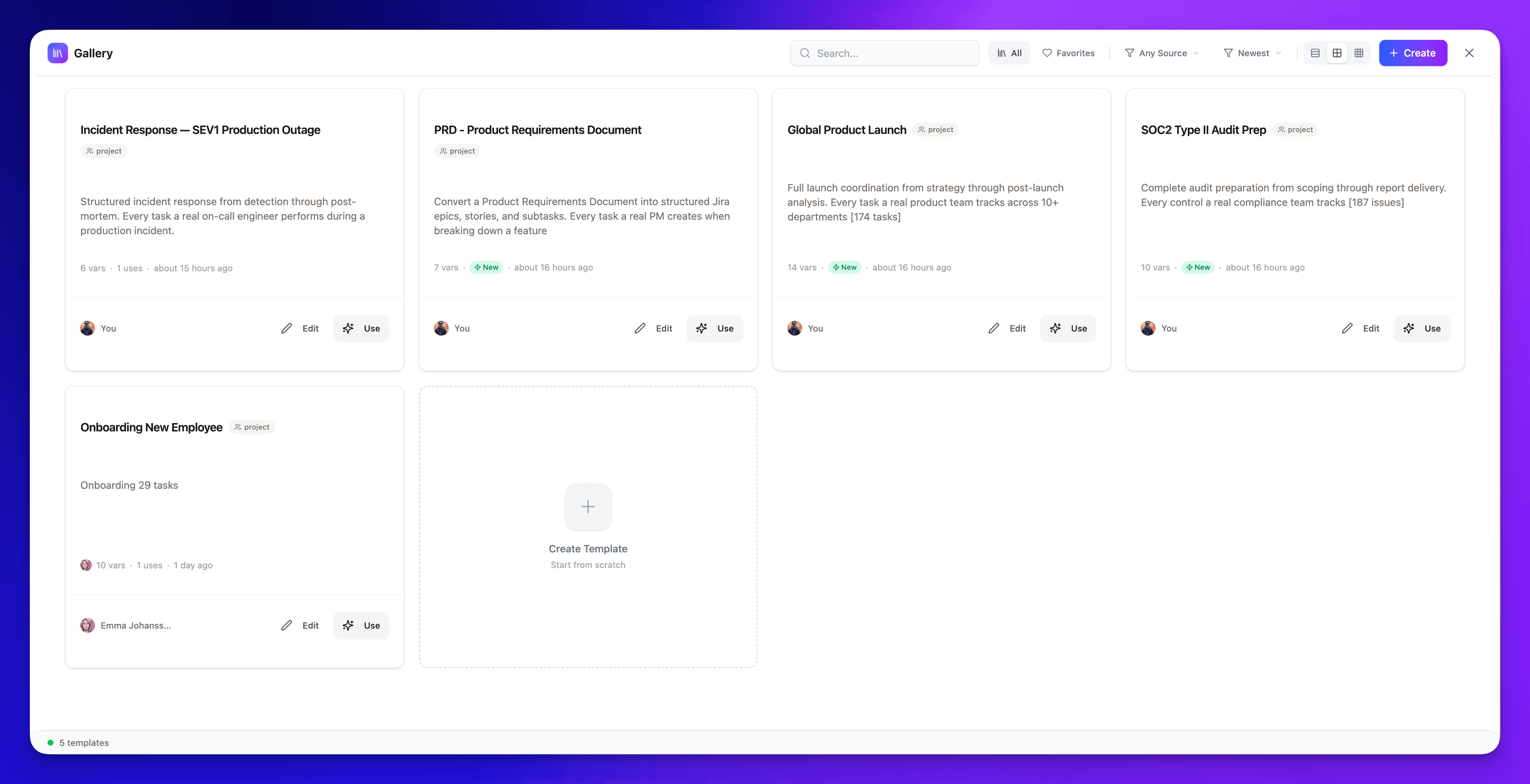 Template gallery showing reusable Jira task templates