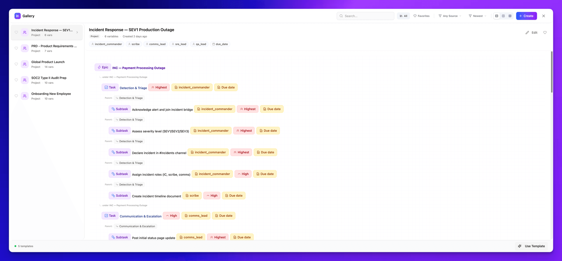 Template preview showing the Incident Response template with full task tree, variable pills, priorities, and hierarchy across multiple epics and subtasks