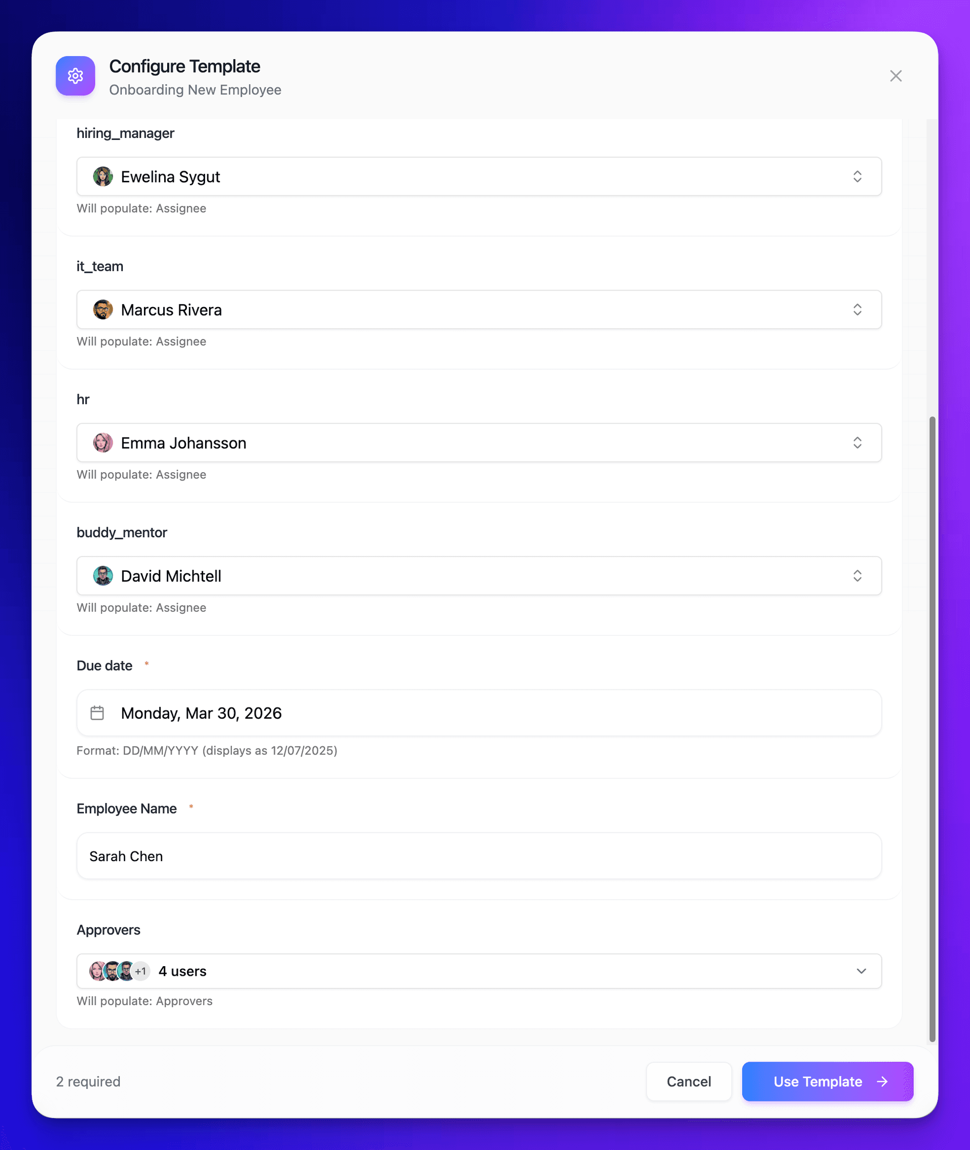 Configure Template modal for Onboarding showing variables: hiring_manager, it_team, hr, buddy_mentor, due_date, employee_name, approvers
