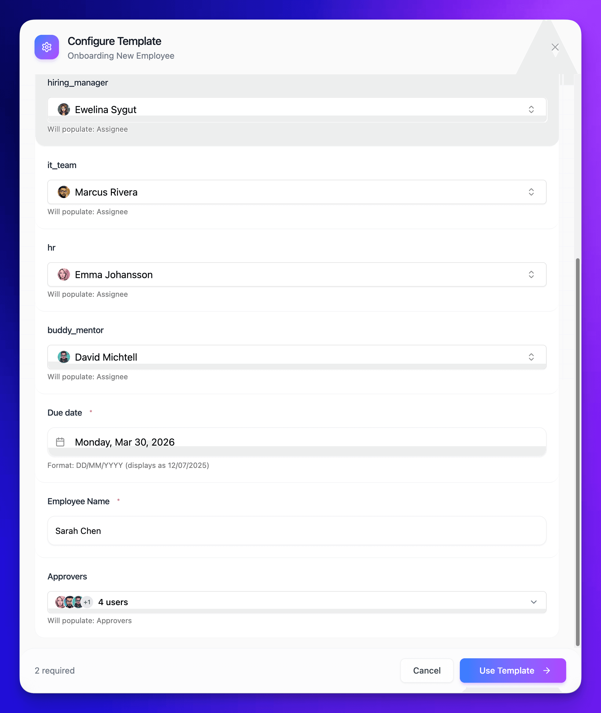 Use template modal collecting variable values before expanding into Jira tasks