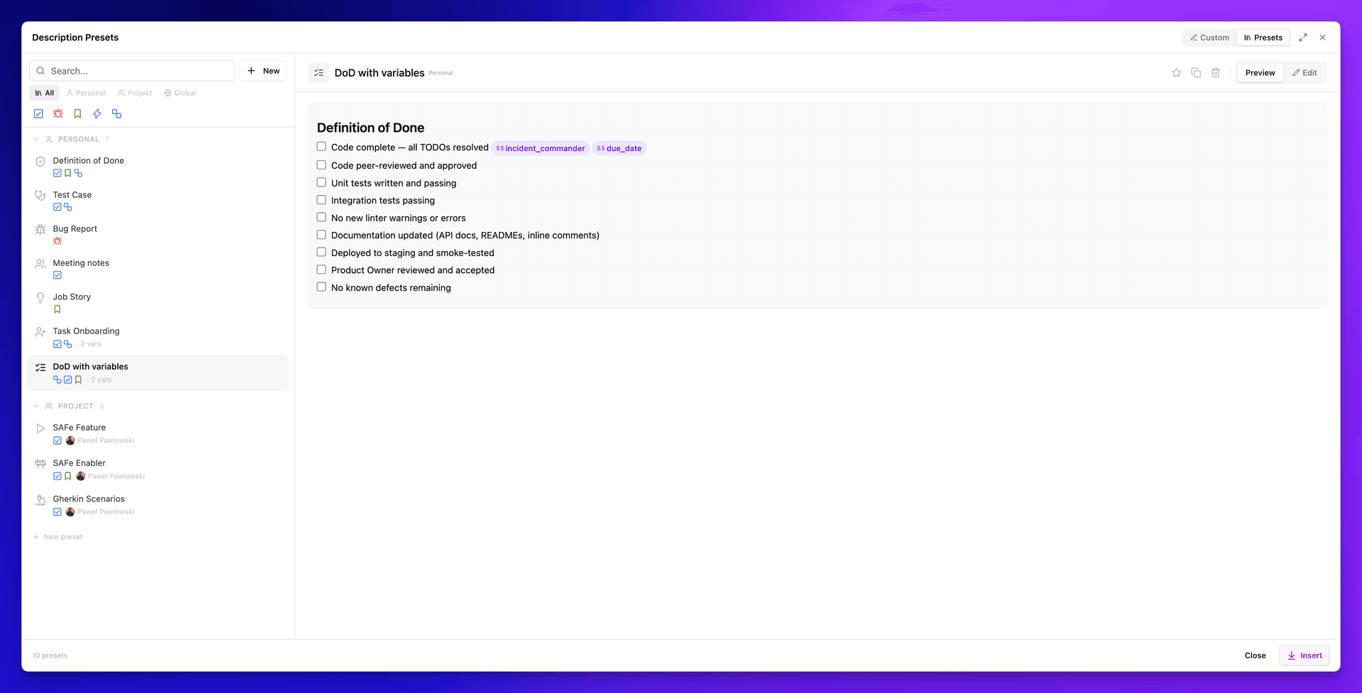 Definition of Done preset preview showing checklist items with {{incident_commander}} and {{due_date}} variables