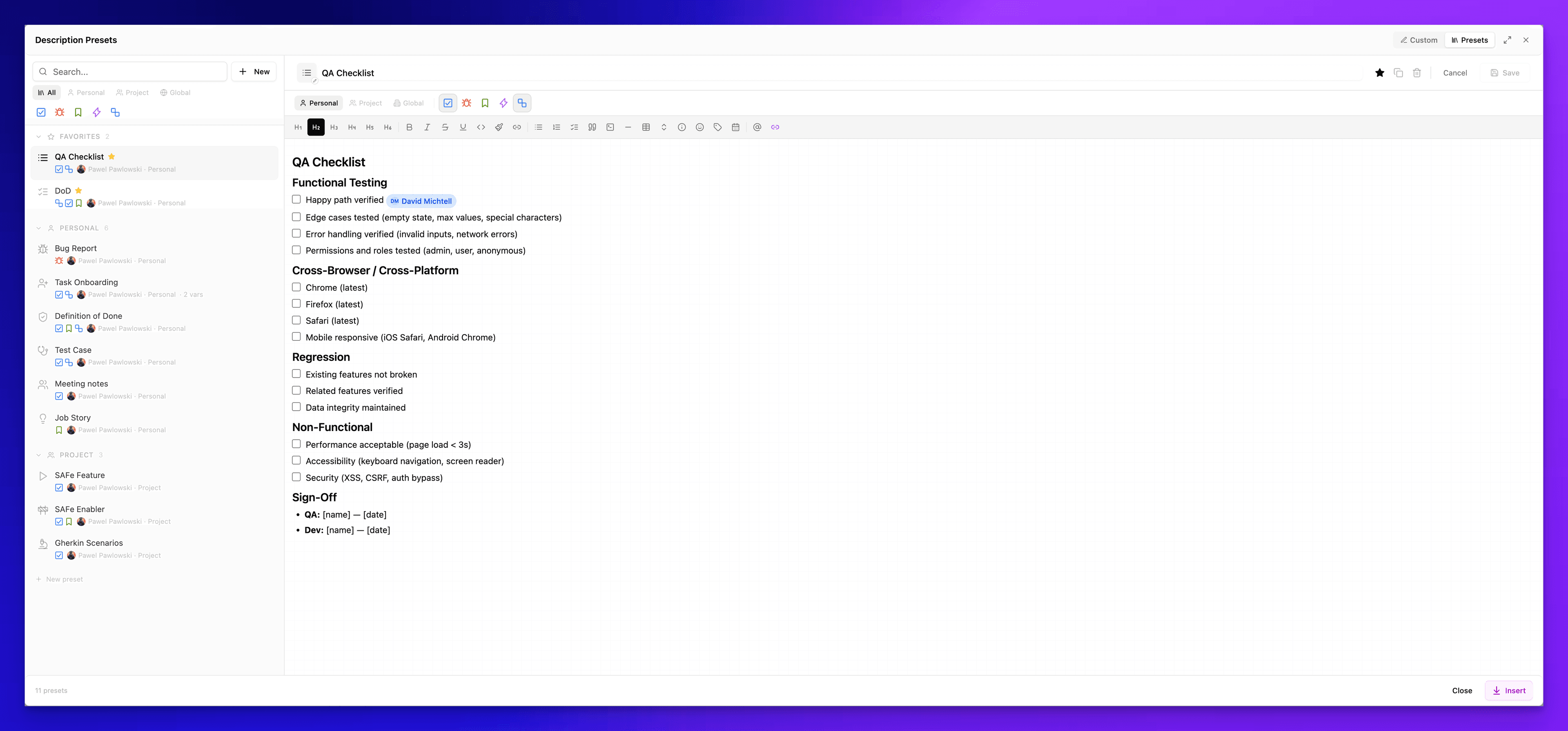 Rich-text description editor with headings, checklists, and template variables in Jira ADF format