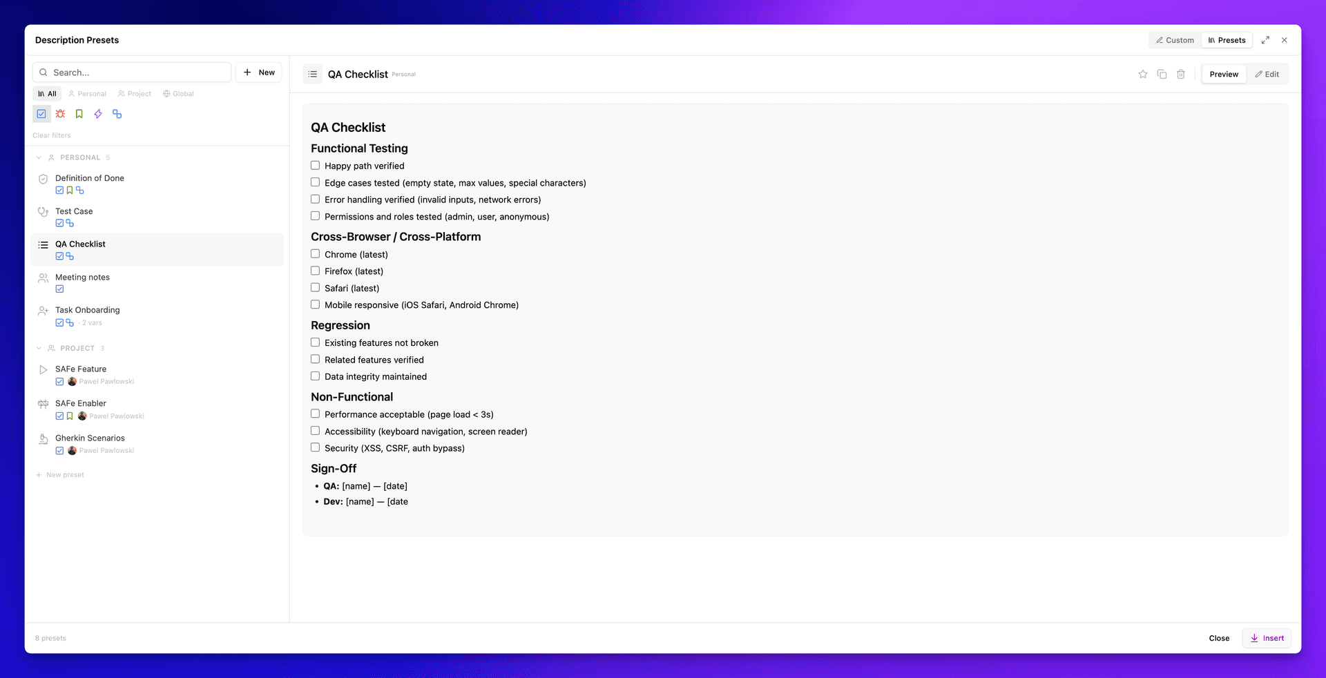 Description Presets gallery showing Personal and Project presets including Definition of Done, Test Case, Bug Report, Meeting Notes, and more