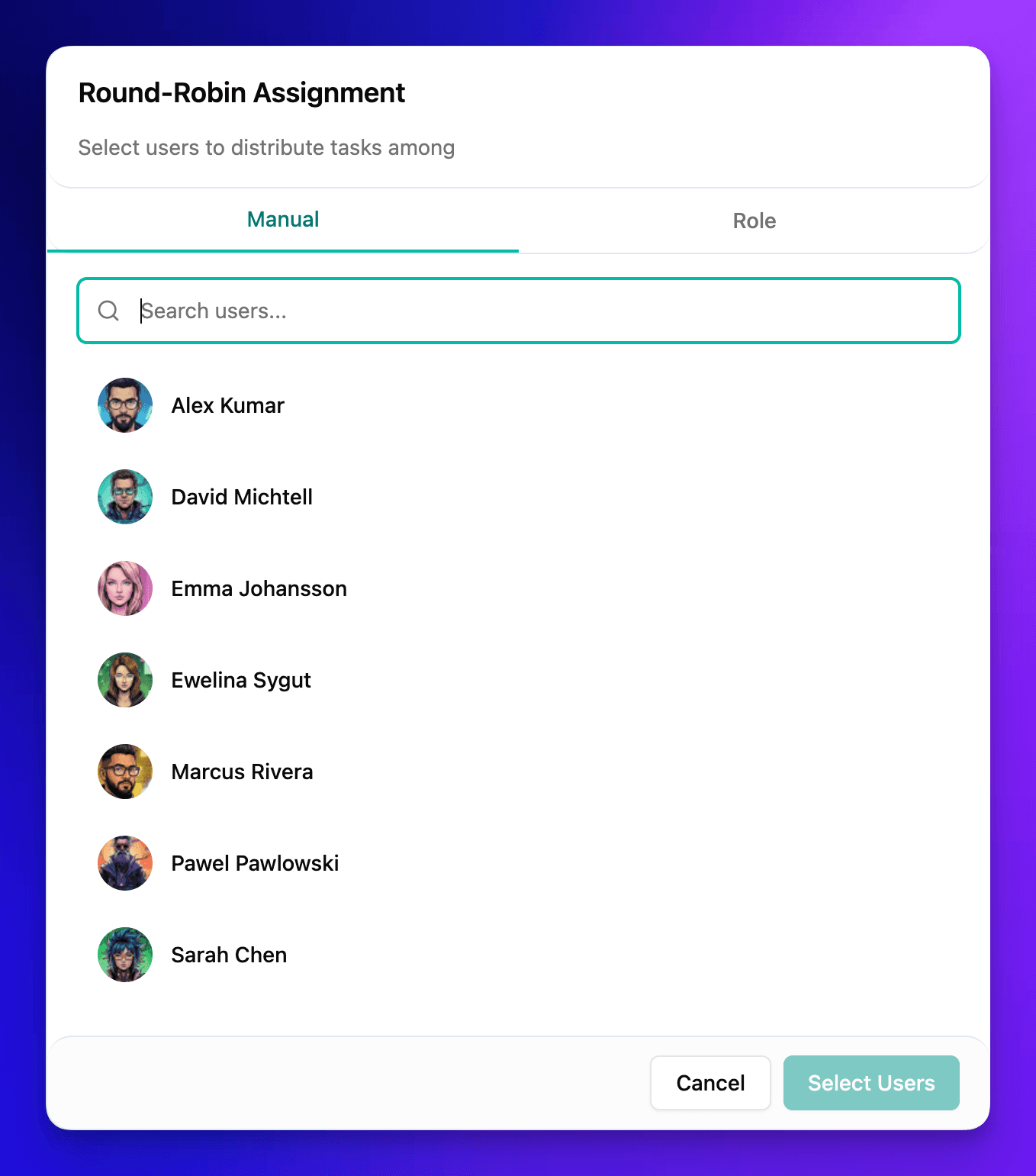 Round-Robin manual selection showing full user list with search bar