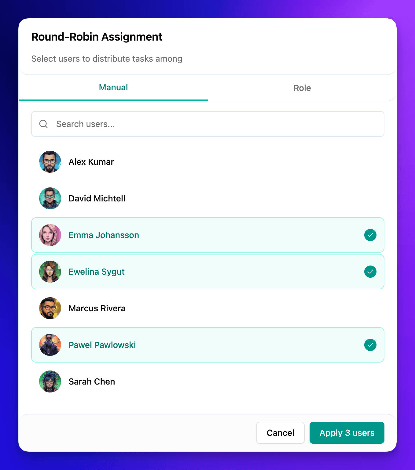 Round-Robin Assignment manual tab showing 3 selected users: Emma Johansson, Ewelina Sygut, and Pawel Pawlowski