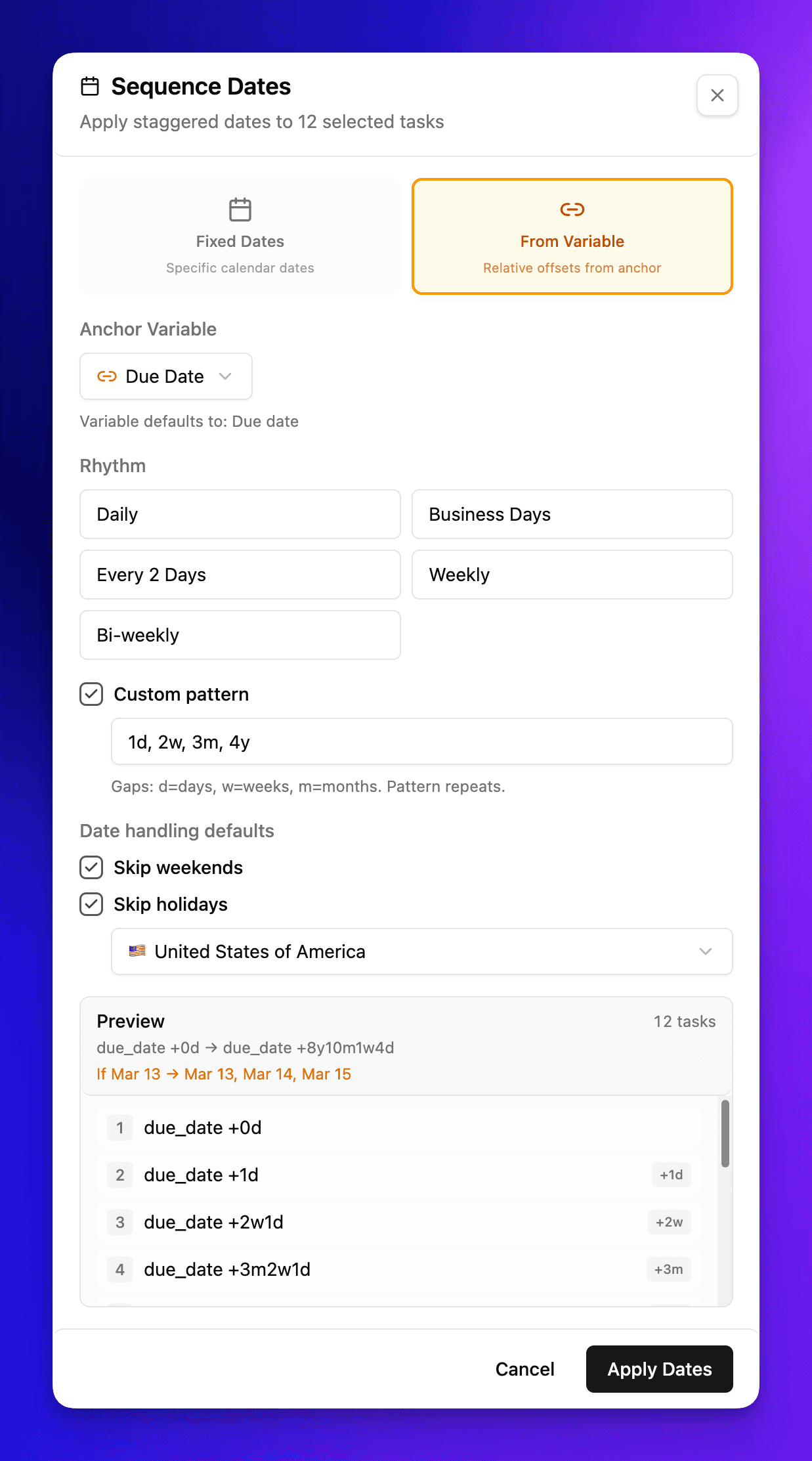 Sequence Dates modal showing From Variable mode with Due Date as anchor, Daily/Business Days/Every 2 Days/Weekly/Bi-weekly rhythm options, custom pattern, skip weekends and holidays, and date preview