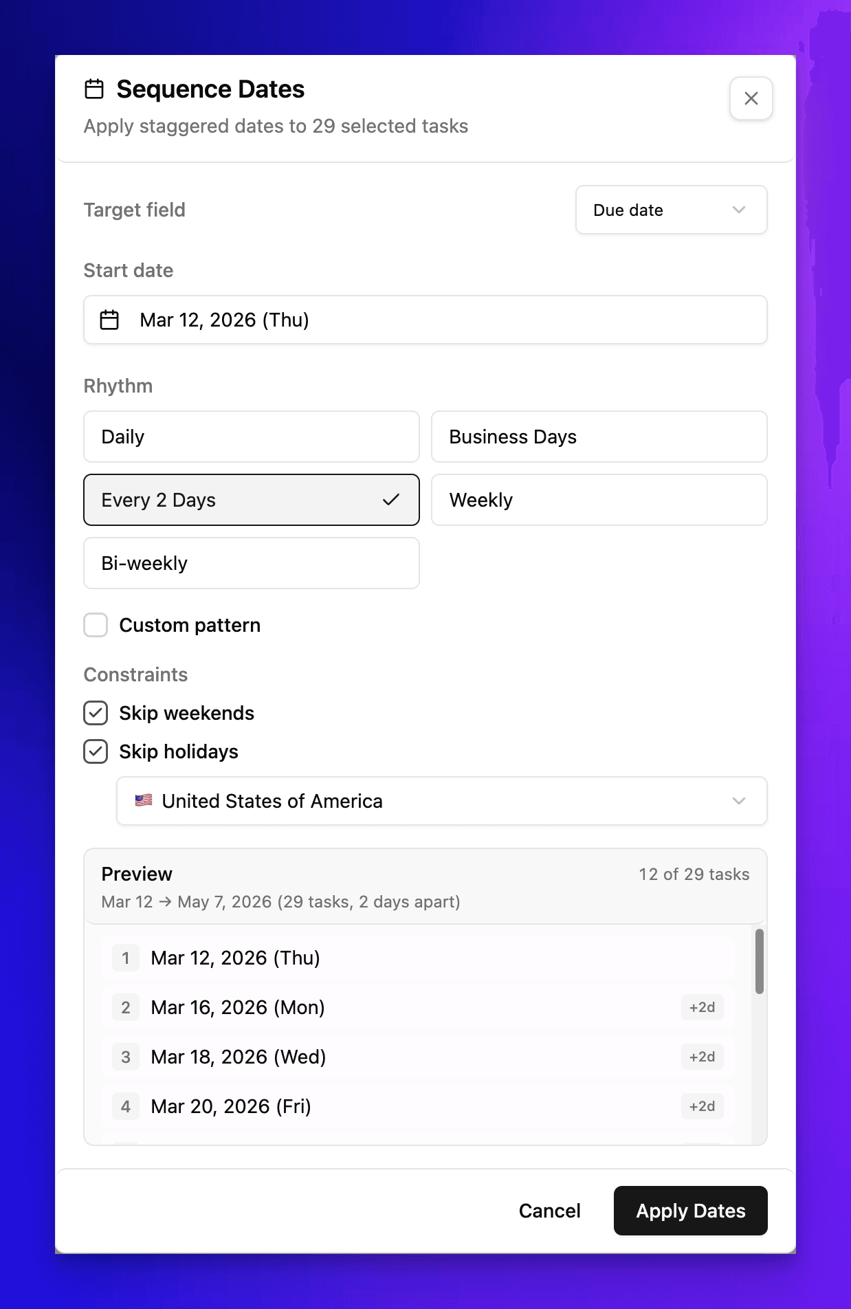 Sequence Dates modal showing configuration for 29 tasks with Every 2 Days rhythm, skip weekends and holidays enabled, and date preview