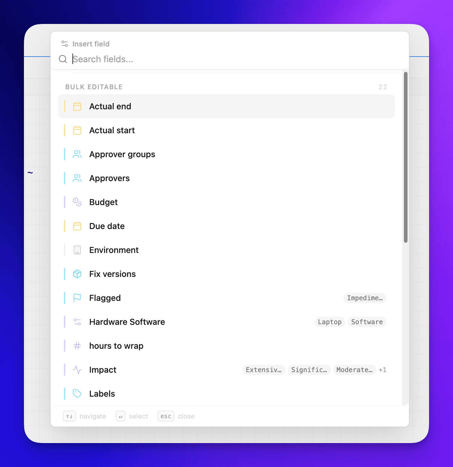 ~ shortcut opening bulk-editable fields list with 22 available fields