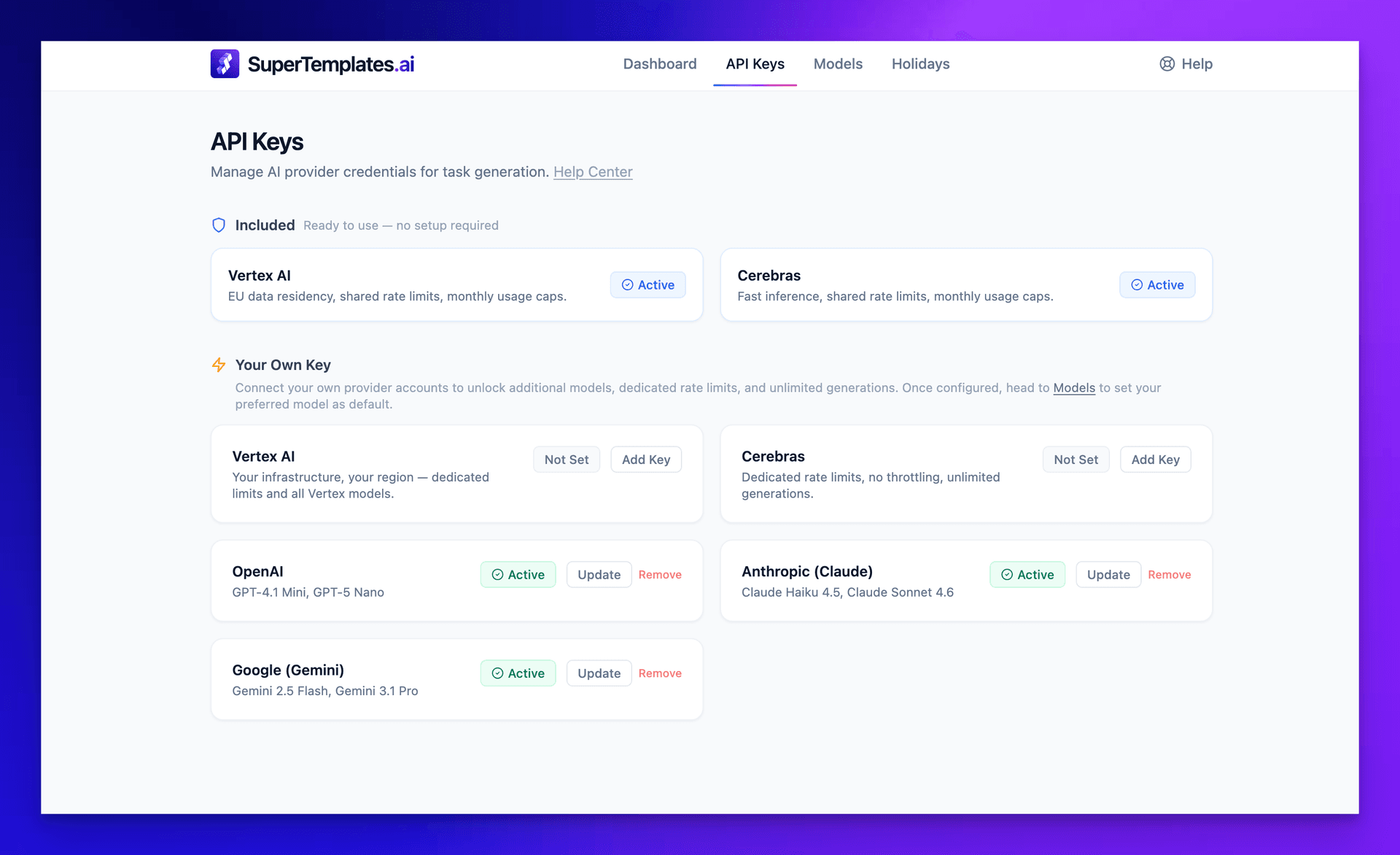 API Keys configuration panel showing provider slots and verification status