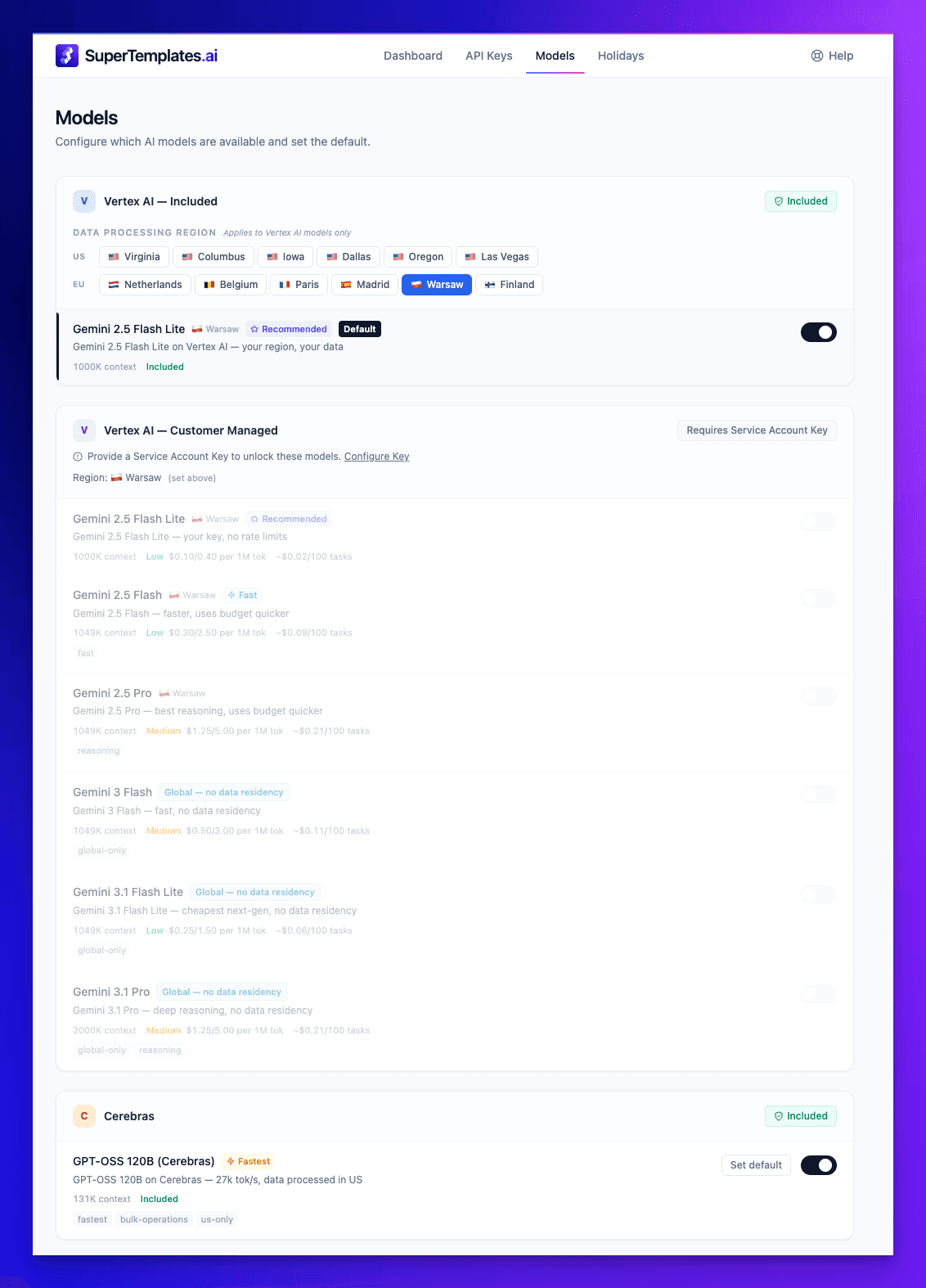 Models configuration page showing available AI models and selection options