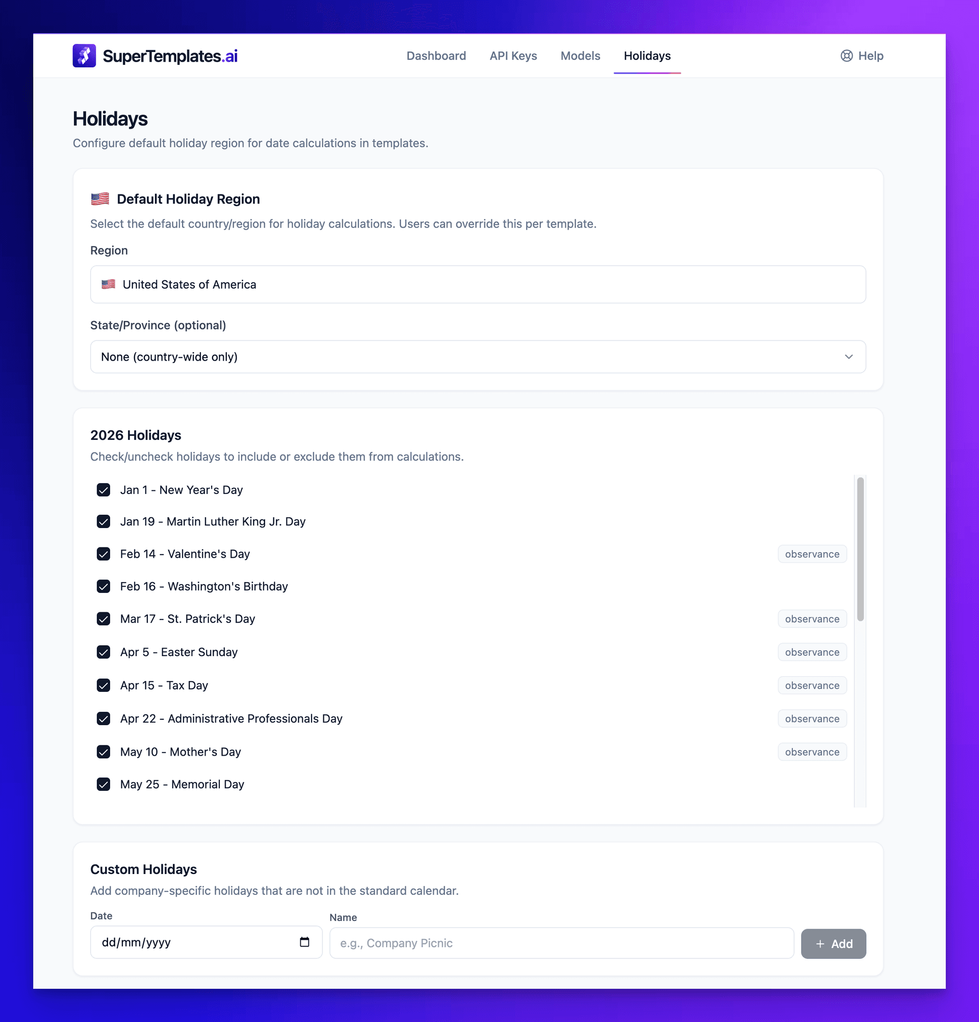 Holidays configuration page showing calendar and holiday list