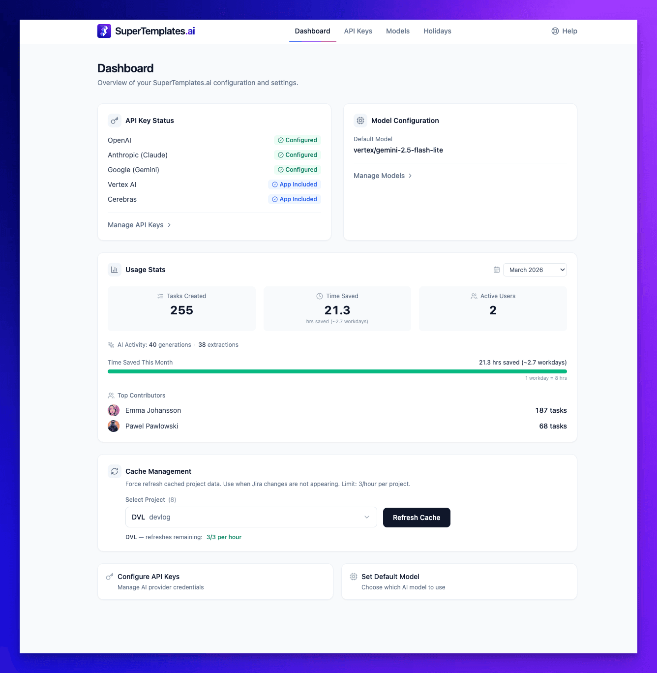 SuperTemplates admin dashboard showing API key status, model configuration, usage stats, top contributors, and cache management