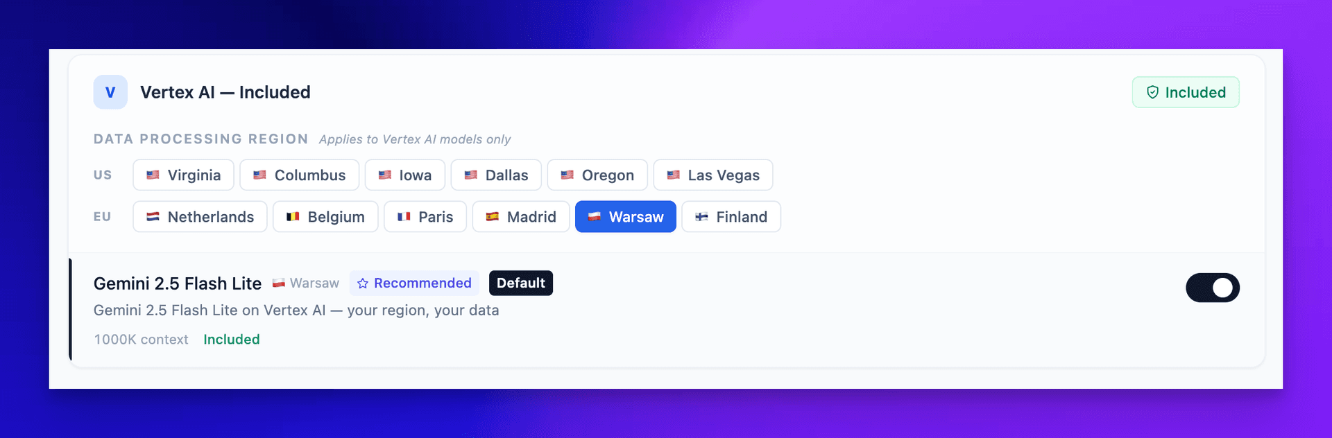 Vertex AI region selection showing available Google Cloud regions