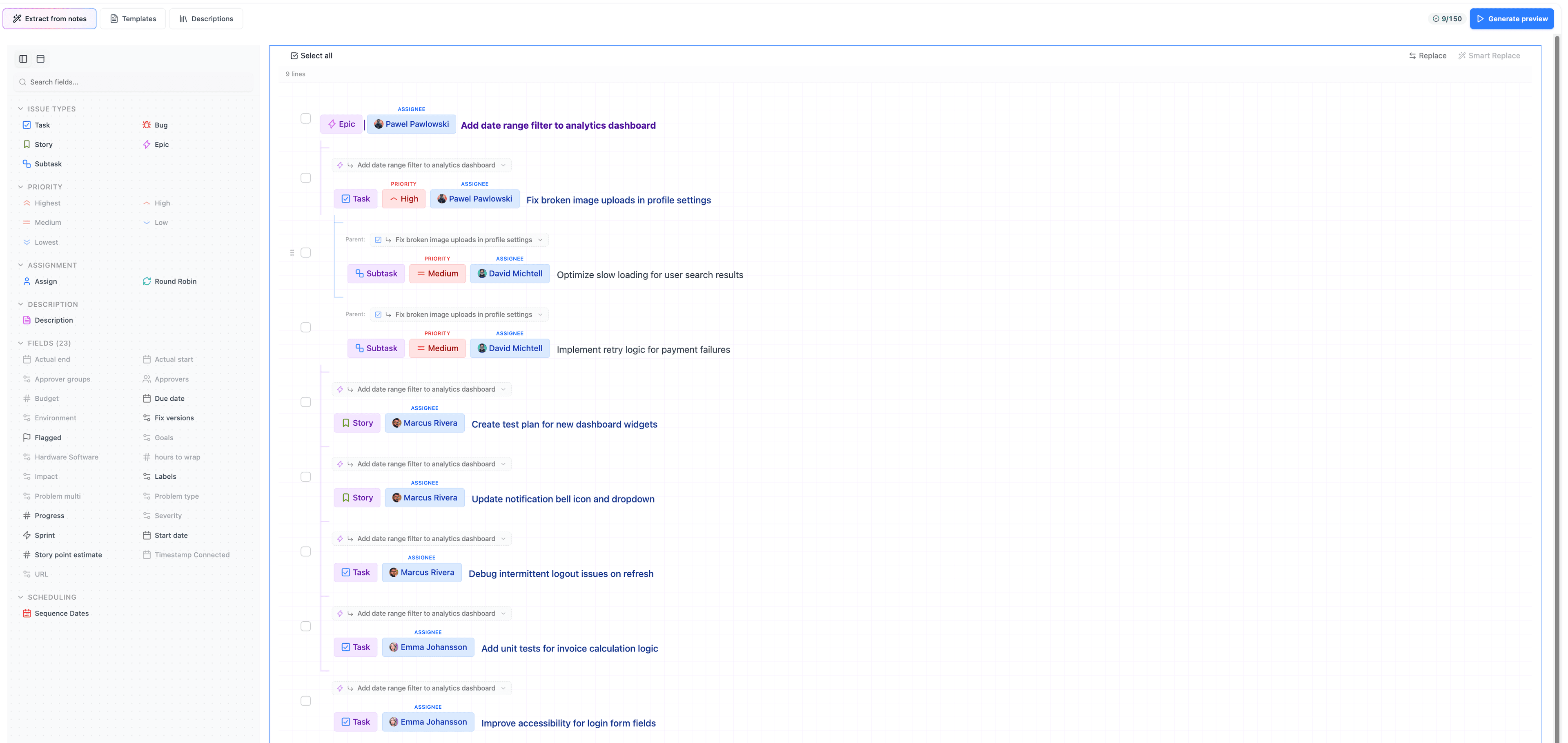 SuperTemplates editor showing full hierarchy — task changed to epic and subtasks auto-nested, with assignees, priorities, and description presets