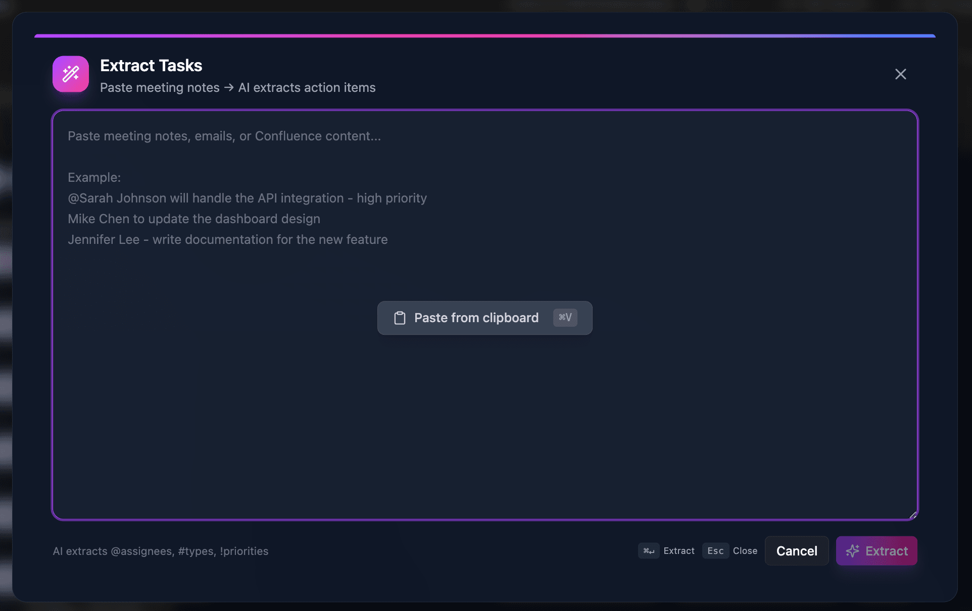 SuperTemplates extracting meeting notes into Smart Pills with assignees, priorities, and issue types