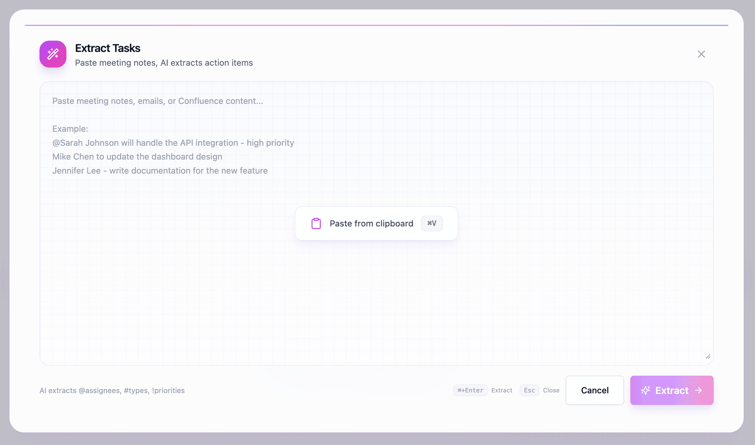 SuperTemplates extracting meeting notes into Smart Pills with assignees, priorities, and issue types