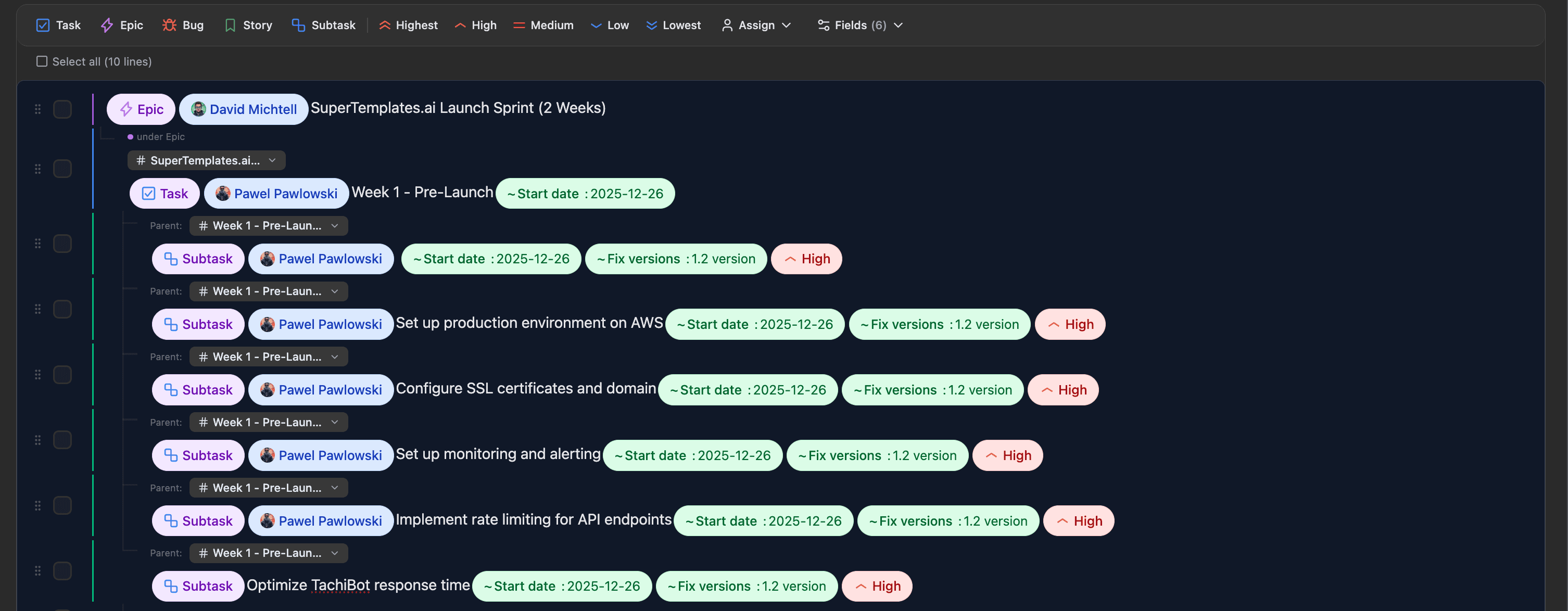 SuperTemplates interface showing AI-generated Jira tasks